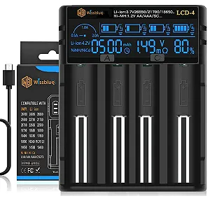 Зарядний пристрій для акумуляторів WISSBLUE LCD-4 18650 2A, з LCD-дисплеєм та функцією Power Bank для 3.7 V 14500 16340 18650 20700 21700 26650 1.2 V AAAA A - Фото 1