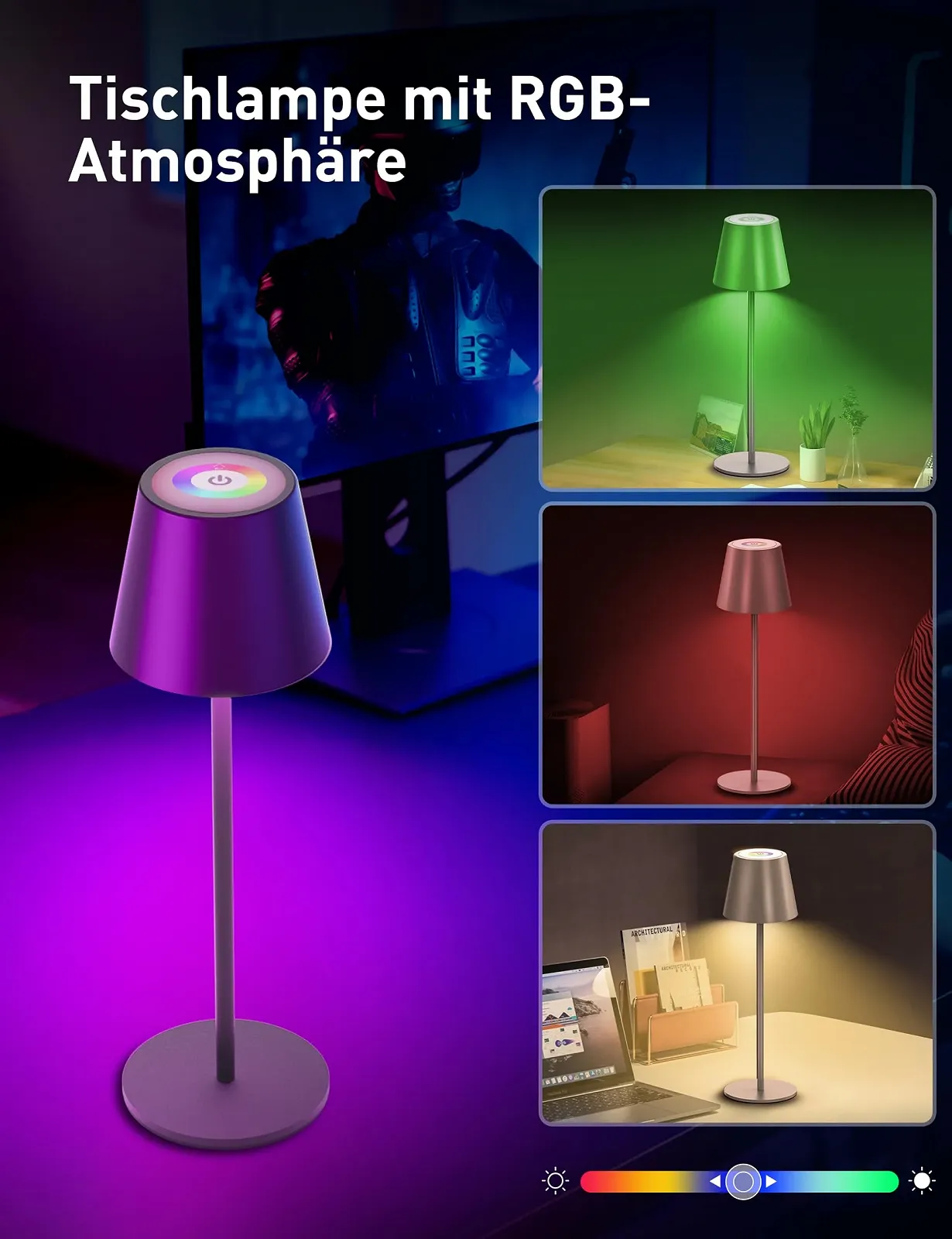 Світлодіодна настільна лампа Sympa бездротова вулична сенсорна RGB сіра, фото №2