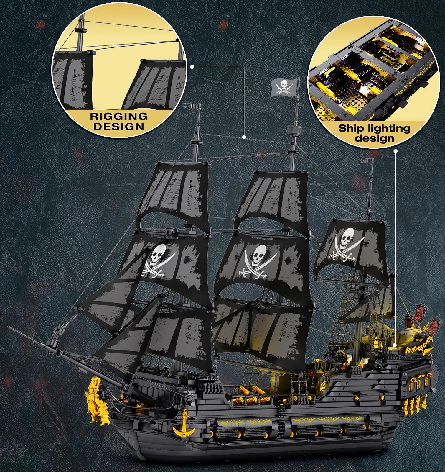 Корабель Auforua Pirate Ship Black Pearl з світлодіодною підсвіткою 4708 шт. чорно, фото №4