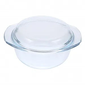 Кастрюля Lurrose стеклянная круглая с крышкой и ручками термостойкая для микроволновой печи - Фото 1