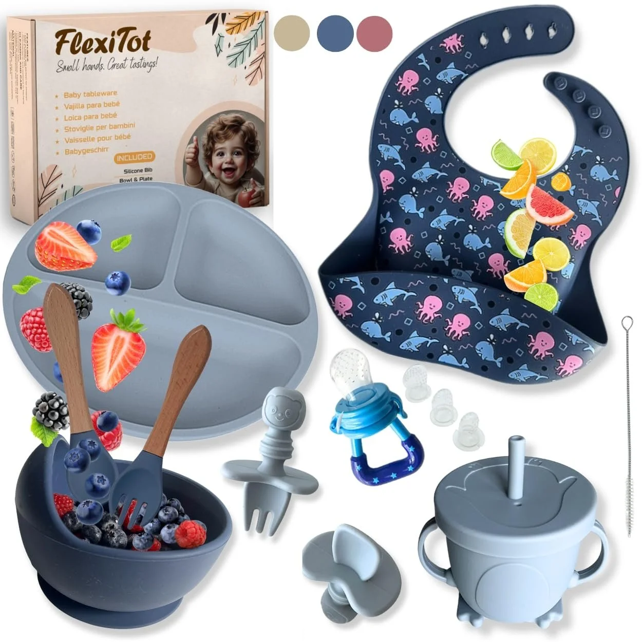 Набір силіконового дитячого посуду FlexiTot з присоскою, мискою, поїльником, слинявчиком та столовими приборами Синій, фото №1 Набір силіконового дитячого посуду FlexiTot з присоскою, мискою, поїльником, слинявчиком та столовими приборами Синій, фото №1