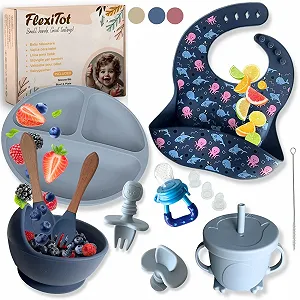 Набір силіконового дитячого посуду FlexiTot з присоскою, мискою, поїльником, слинявчиком та столовими приборами  Синій - Фото 1