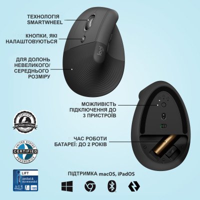 Мышка Logitech Lift Left Vertical Ergonomic Wireless/Bluetooth Graphite (910-006474), фото №6 Мышка Logitech Lift Left Vertical Ergonomic Wireless/Bluetooth Graphite (910-006474), фото №6
