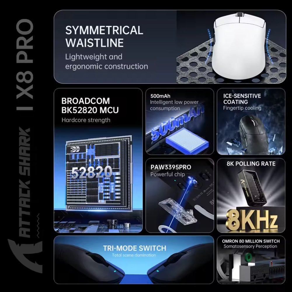 Миша Attack Shark X8 Pro PAW3950Pro 40000DPI 700IPS 60G 8000Hz Black, фото №4 Миша Attack Shark X8 Pro PAW3950Pro 40000DPI 700IPS 60G 8000Hz Black, фото №4