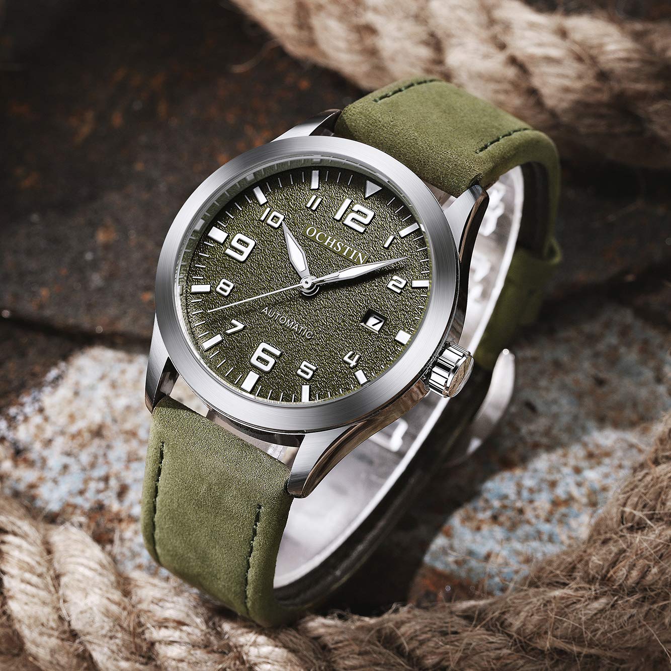 Чоловічий годинник OCHSTIN Automatic Military Date Leather Mechanical Green Ribbon, фото №3