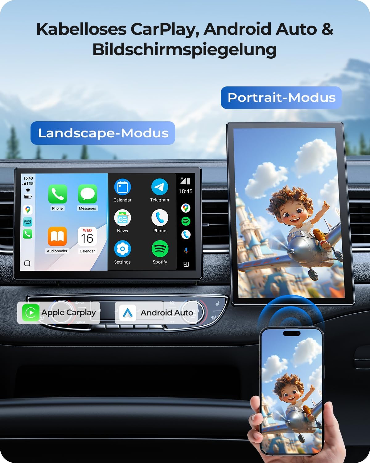 Дисплей Krunia 9 дюймов, беспроводной, портативный, 60FPS, Car Play для Apple CarPlay и Android Car, магнитный держатель, OTA, портретный и альбомный формат, камера заднего вида, Bluetooth, голосовое управление, GPS-навигация, фото №2