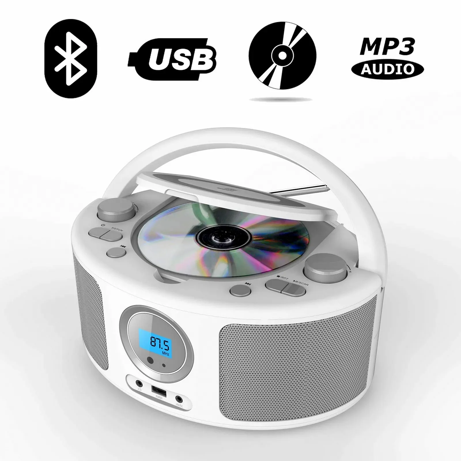 Портативна стереосистема Boombox CD-MP3-програвач CD/CD-R USB FM-радіо AUX-In WTB-791 Білий, фото №2