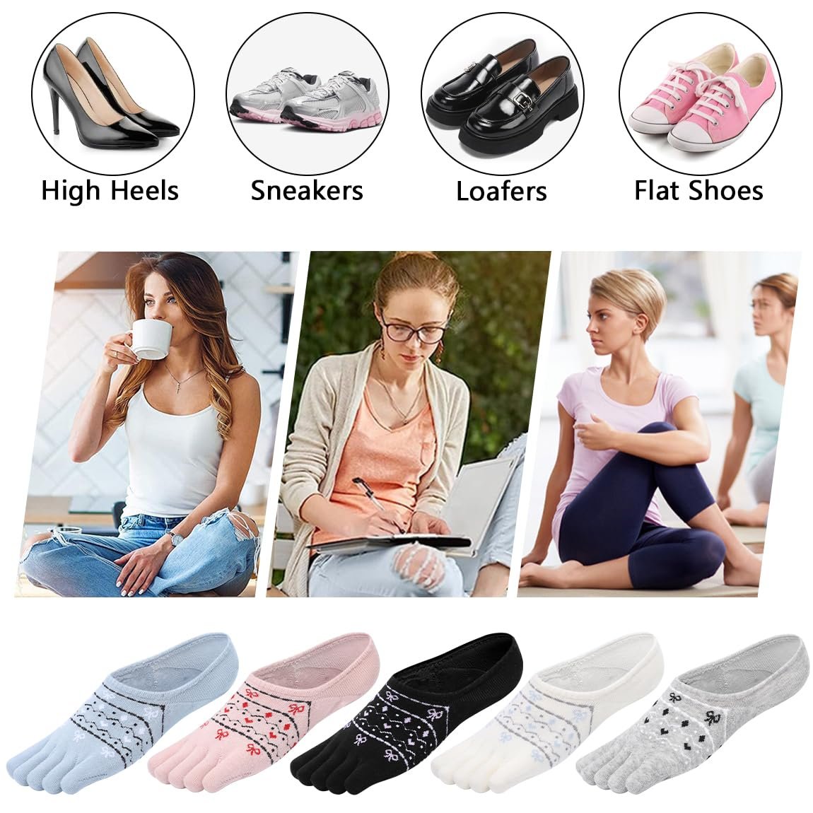 Женские невидимые носки для кроссовок, носки без следа, противоскользящие носки, носки с пальцами, короткие носки-следки, полосатые носки для кроссовок, спортивные носки с силиконовой подушечкой Размер: 35-40/5 пар, фото №6