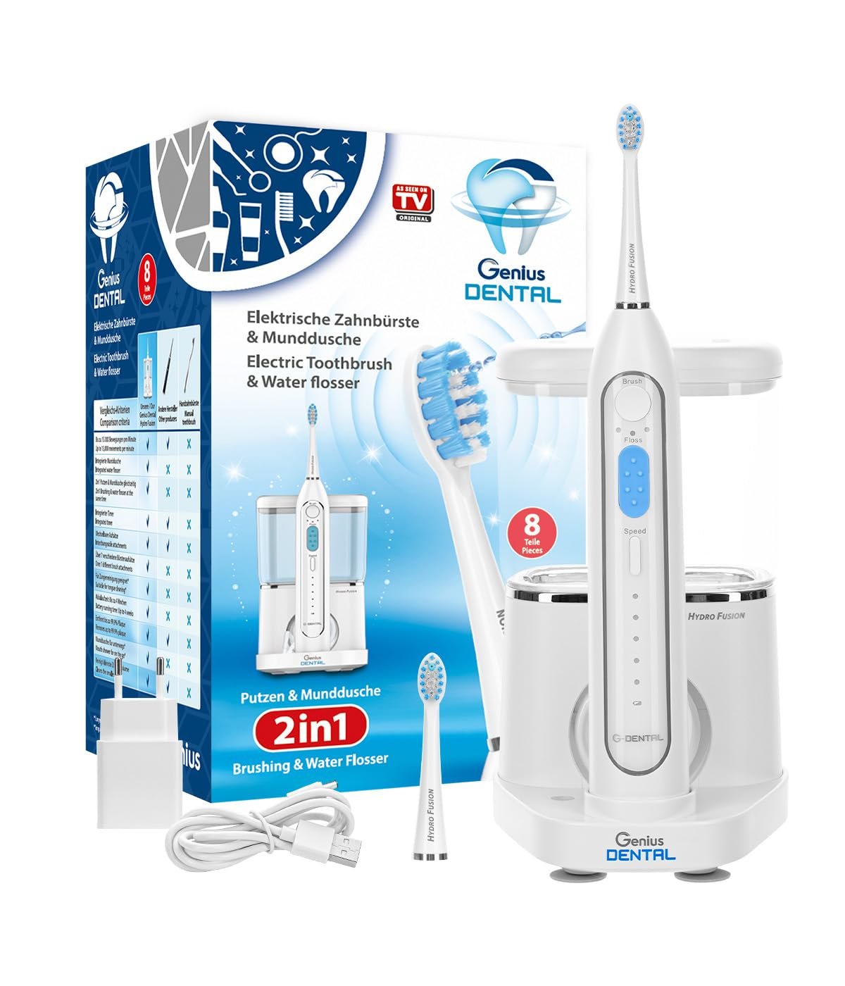 Електрична зубна щітка 2-в-1 Genius Dental Hydro Fusion 15 000 рухів/хв Біла, фото №1