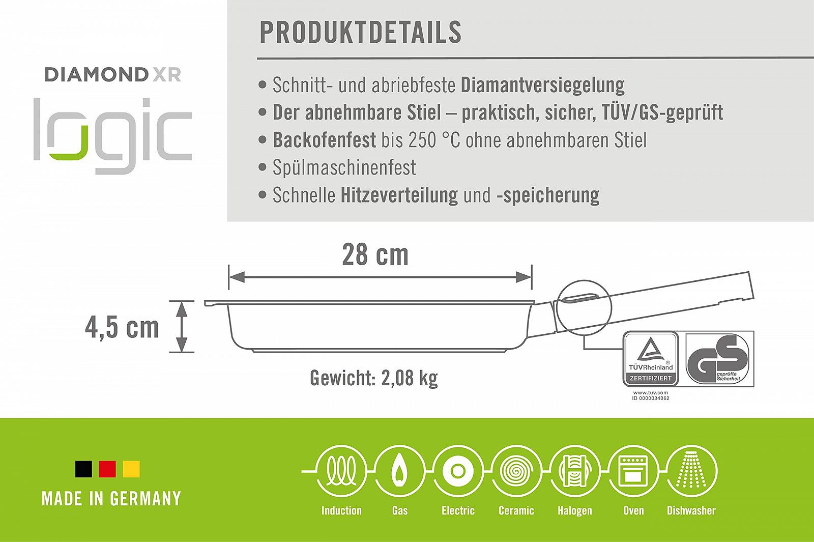 Пательня-гриль Woll Diamond Logic XR Квадратна з канавками - Індукційна - 28 см x 28 см, 4.5 см заввишки зі знімною ручкою - Підходить для всіх типів плит - Литий алюміній, антипригарне покриття, фото №5
