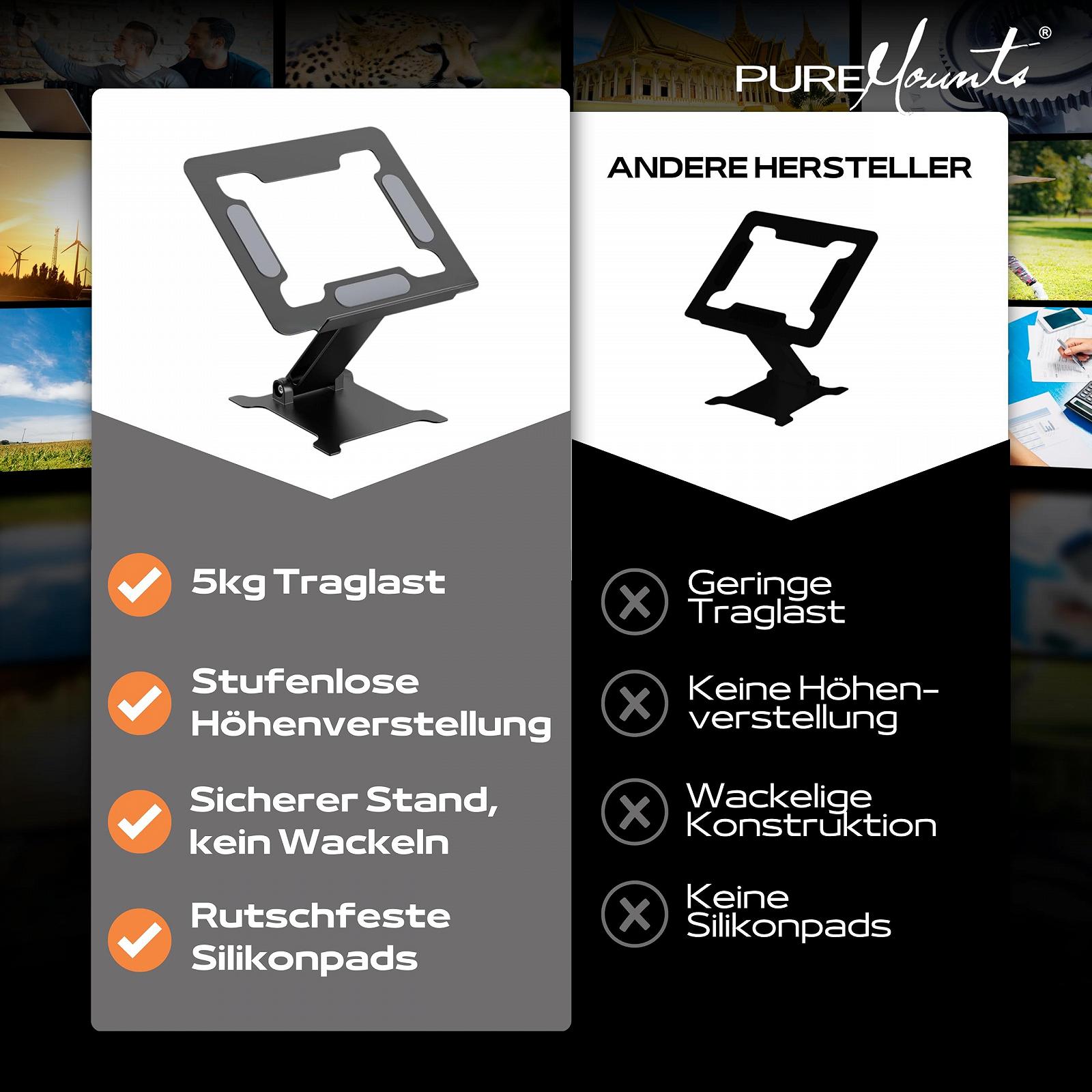 Підставка для ноутбука PureMounts, регульована по висоті, складана та ергономічна, плавно регульована алюмінієва, фото №9