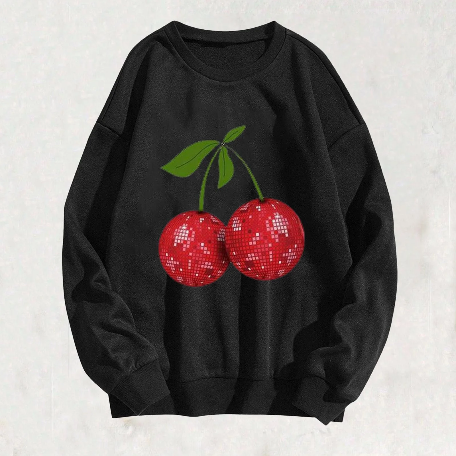 Пуловер Komiseup Oversized Y2K Лонгслив Базовый Круглый вырез Толстовка без капюшона Элегантный Однотонный Лонгшерт Модный принт вишни Хлопок Спортивная рубашка Подростковая Девочка Streetwear 04, фото №2