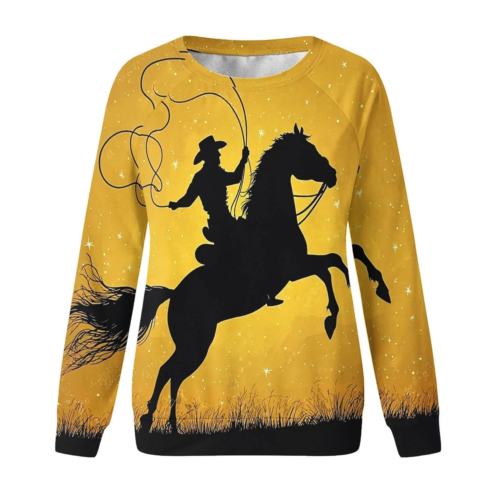 Лонгслив Komiseup Basic Круглый вырез Свободный Свитшот без капюшона Western Cowboy Принт Свитшот Праздничная Спортивная футболка Модный топ с принтом лошади для девочек-подростков Streetwear 23, фото №4