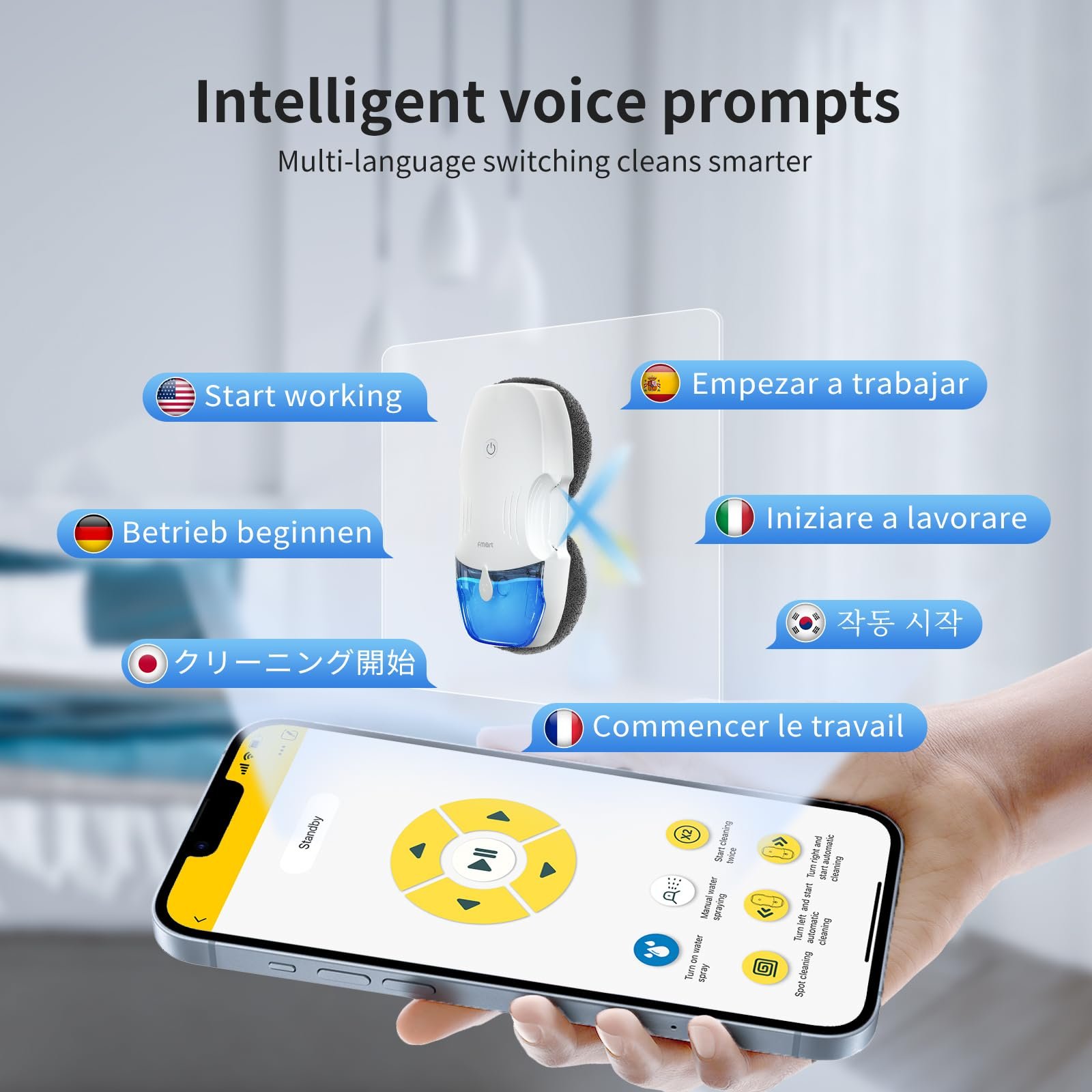 Робот для мойки окон Fmart T10 с автоматической двухсторонней системой распыления, тройной системой безопасности, интеллектуальной навигацией, дистанционным управлением, для всех гладких поверхностей, с 10 салфетками, фото №9