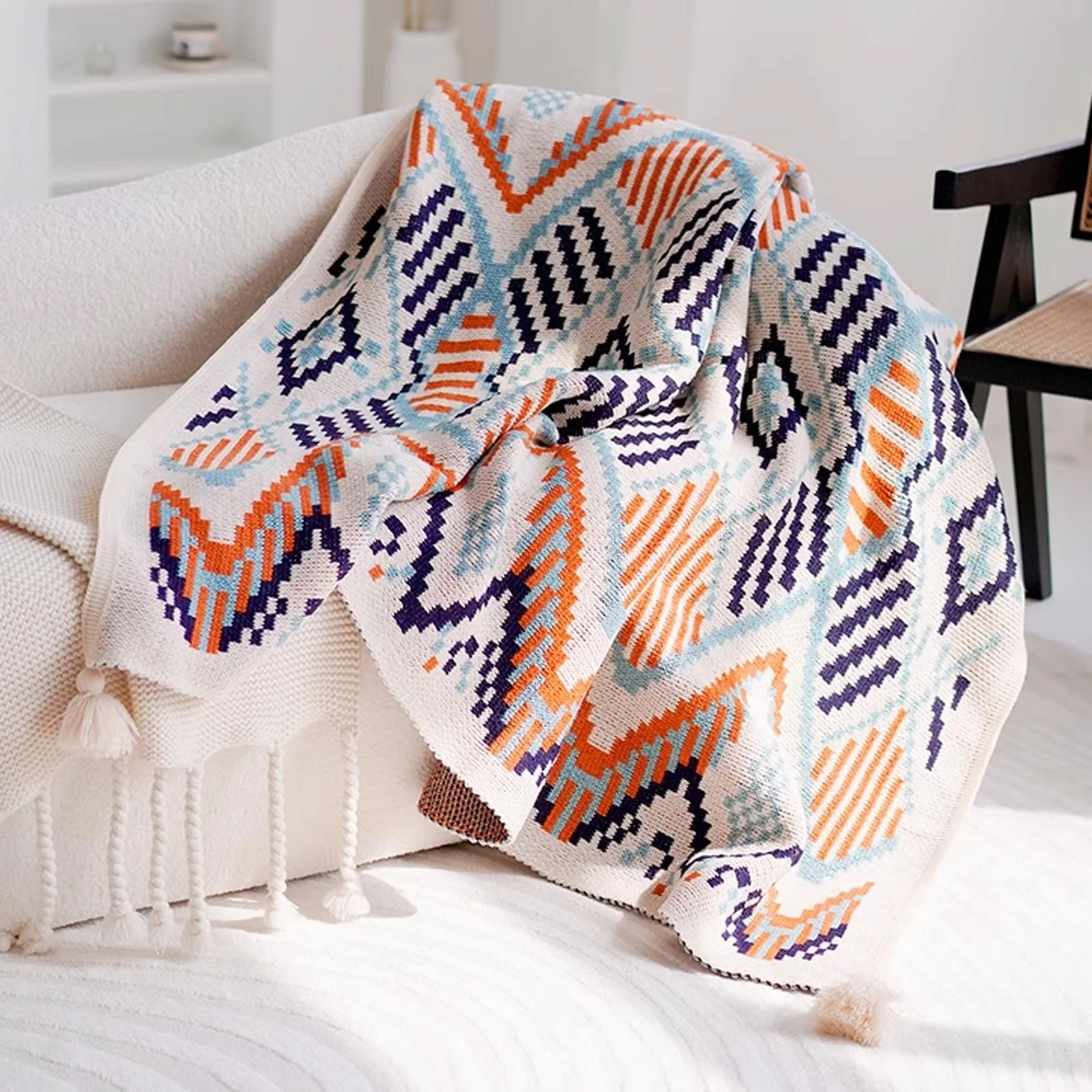 Покривало Balakaka Boho 130 x 170 см, геометричний візерунок, з бахромою, фото №3
