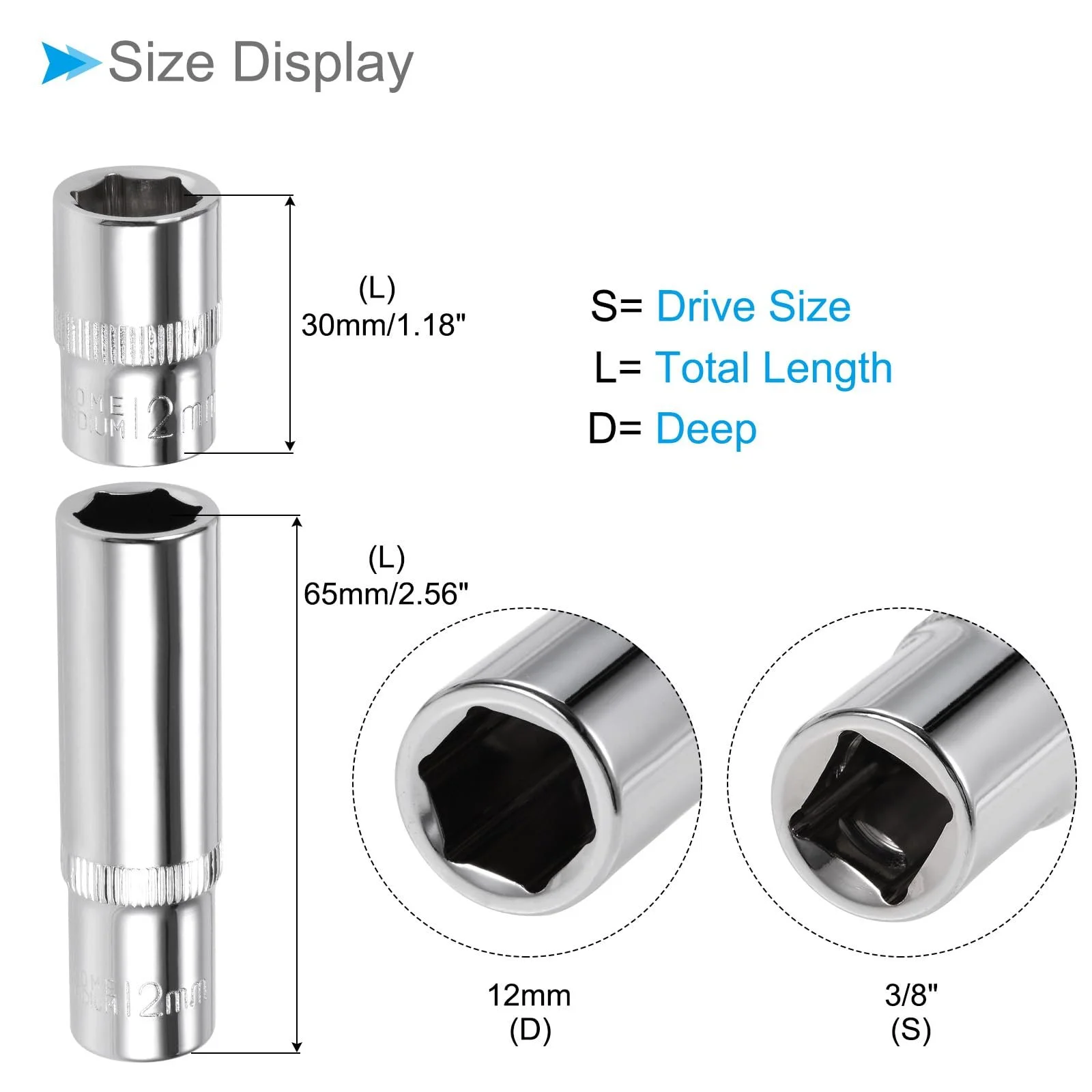 Набір ударних торцевих головок Impact Socket Set 3/8" 12 мм Deep Flat Полірована CR-V (2 шт.), фото №2