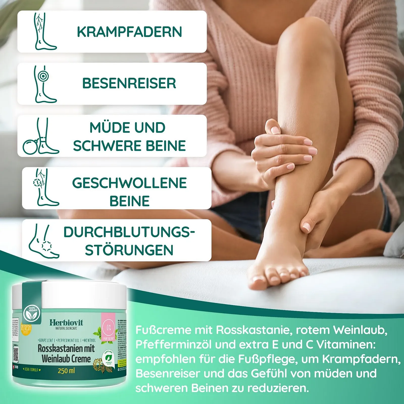 Крем Herbiovit Horse Chestnut with Vine Leaves для усталых ног с конским каштаном, листьями винограда и маслом мяты 250 мл, фото №2