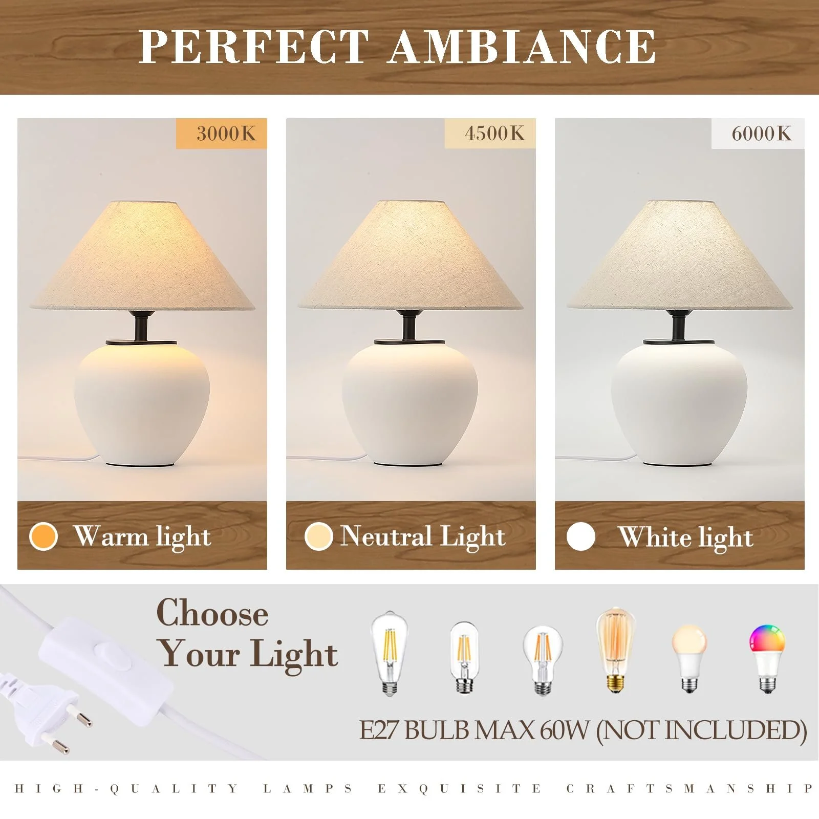 Настільна лампа керамічна Rustic Black Farmhouse Wabi Sabi Vintage Біла, фото №7