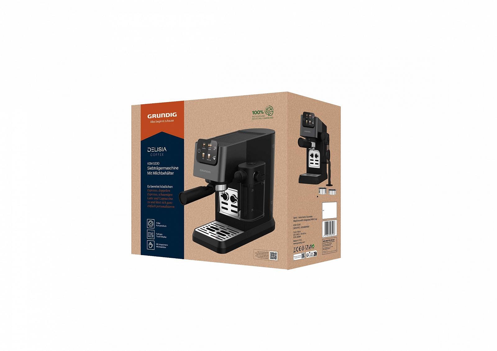 Еспресо-машина GRUNDIG KSM 5330, 1628 Вт, тиск помпи 15 бар, подвійний дозатор, кольоровий сенсорний дисплей, BrewSense, CreamyPro, Dark Inox/Black, фото №19