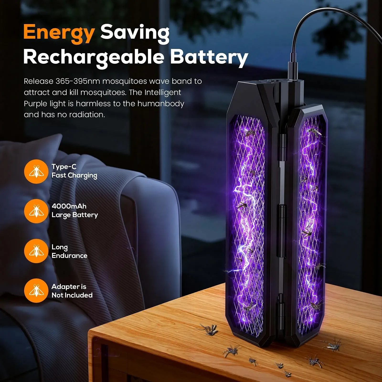 Електрична мухобійка-лампа 3-в-1 Tri-Fold 3000 V 4000 mAh складана, фото №6