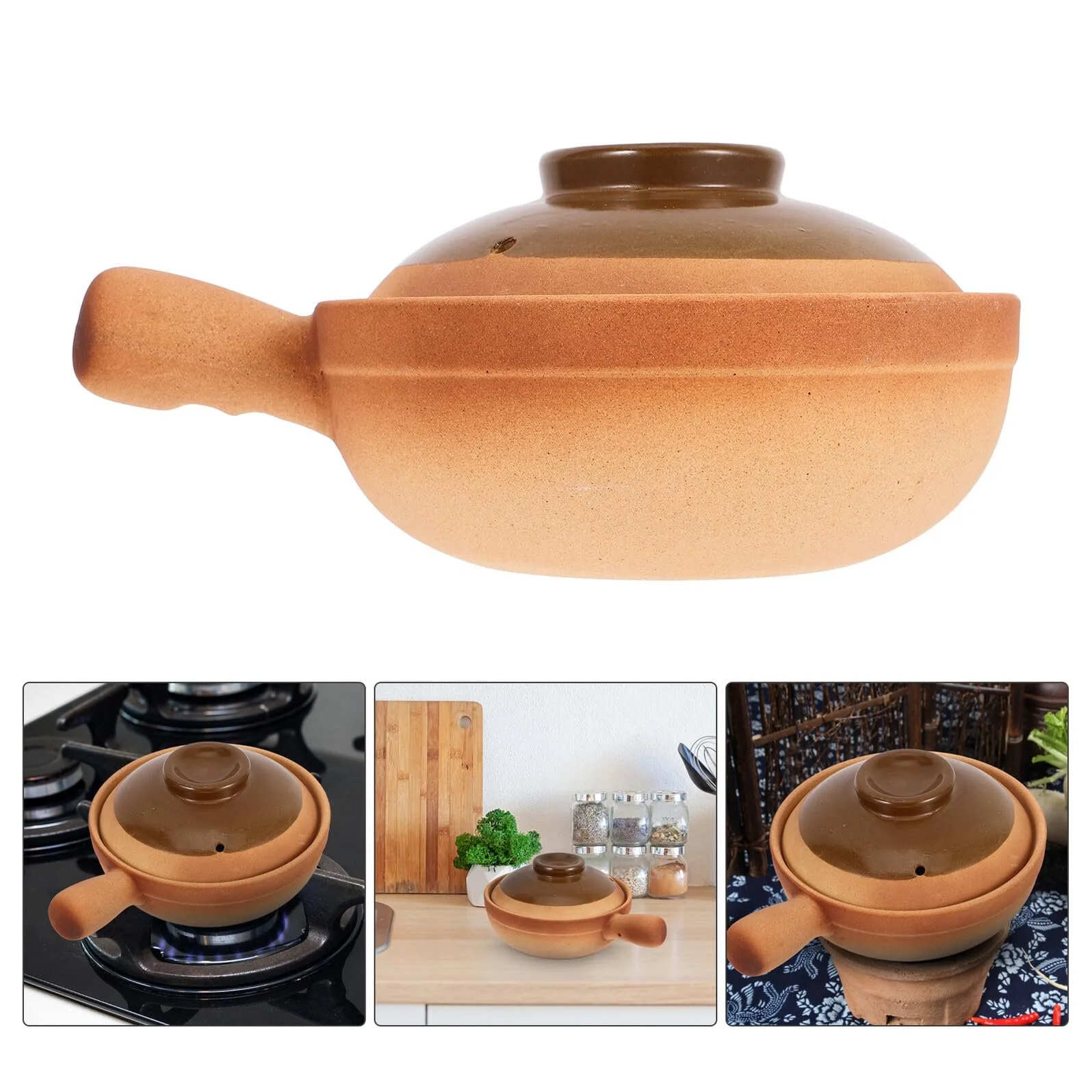 Глиняный горшок Traditional Clay Pot с крышкой керамический 850 мл с боковой ручкой жаропрочный, фото №7