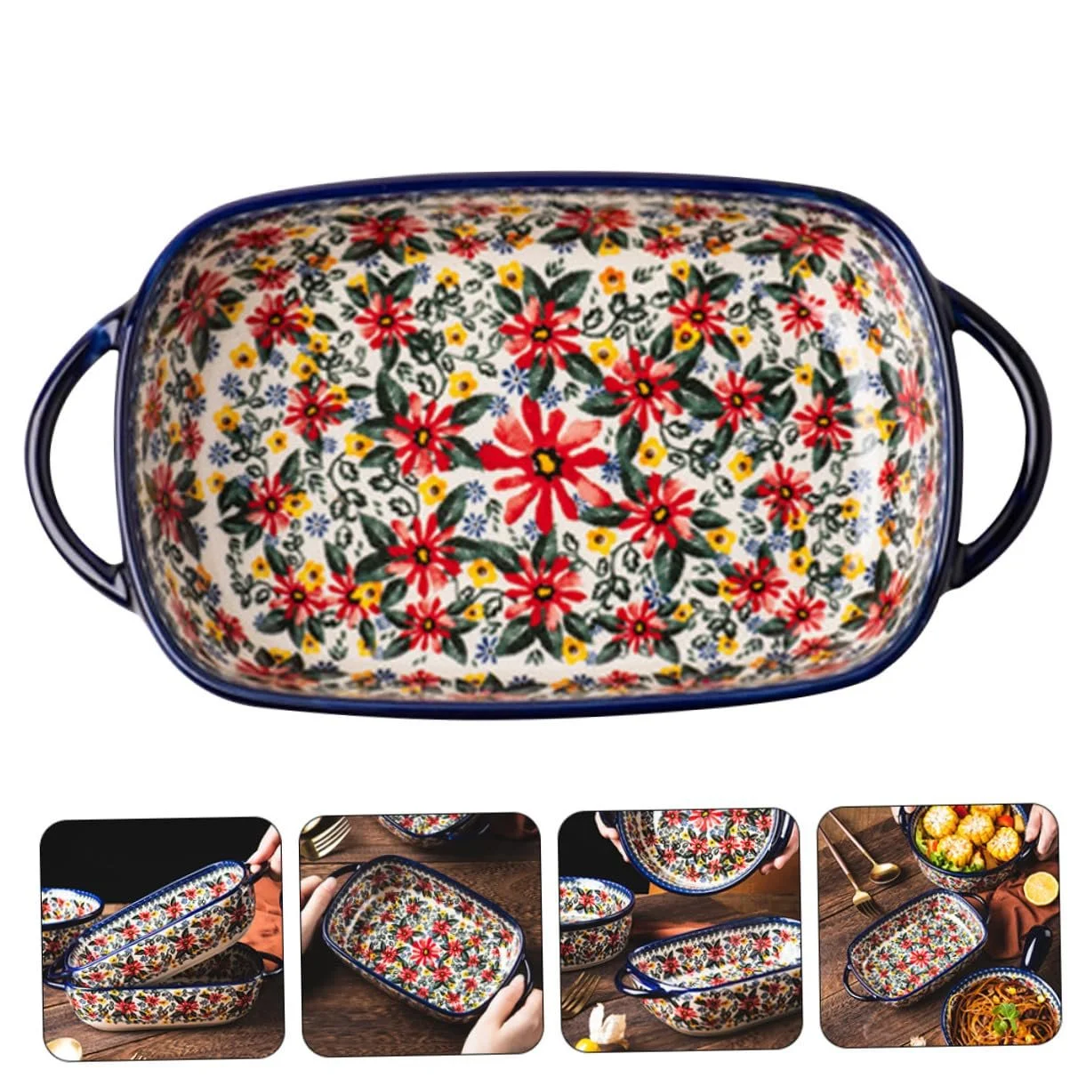 Форма для запекания Amosfun керамическая с цветочным узором, прямоугольная, нескользящая, с ручками, фото №3