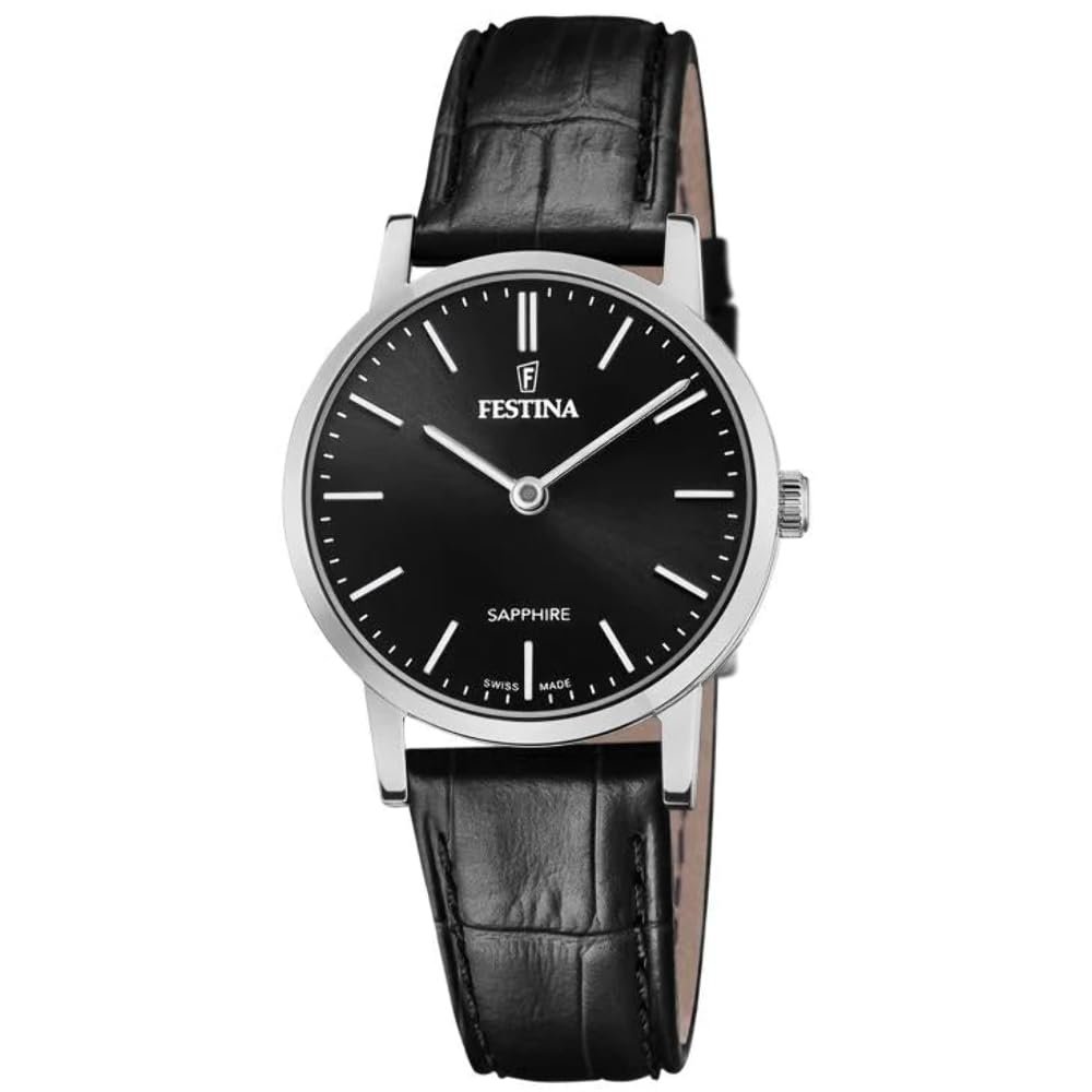 Жіночий годинник Festina Swiss Made F20013/4, сріблястий корпус з нержавіючої сталі, чорний шкіряний ремінець, чорно-сріблястий, ремінець, фото №1