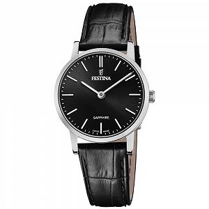 Жіночий годинник Festina Swiss Made F20013/4, сріблястий корпус з нержавіючої сталі, чорний шкіряний ремінець, чорно-сріблястий, ремінець - Фото 1