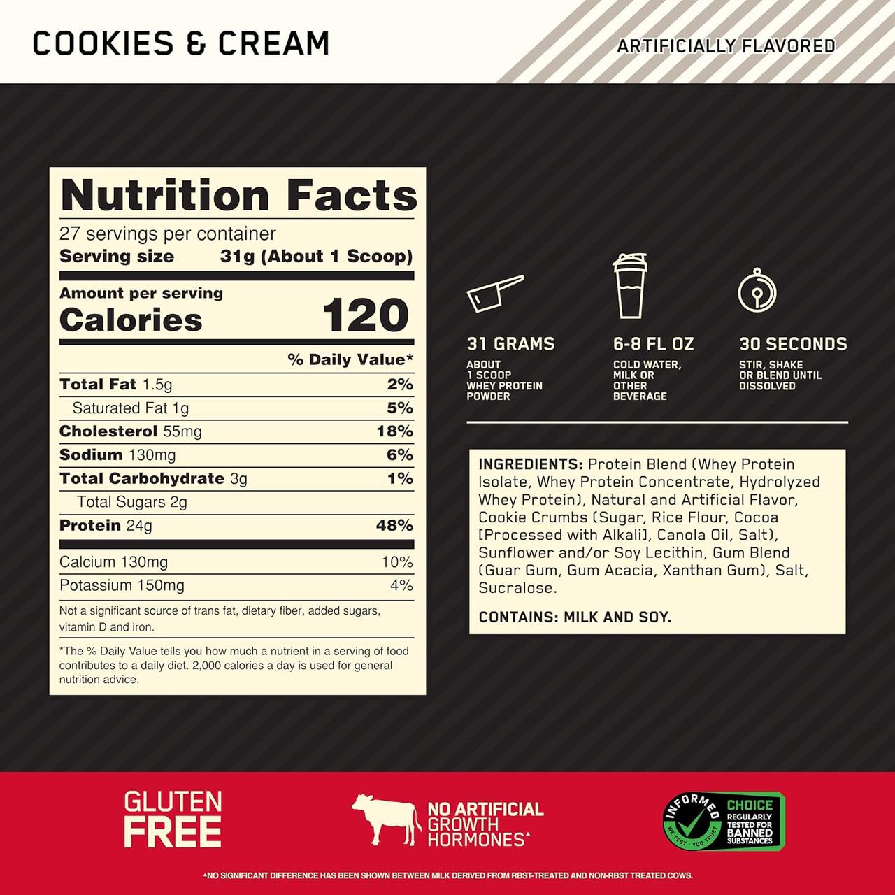 Протеин Optimum Gold Standard 100 Whey 908 g Cookies cream, фото №2