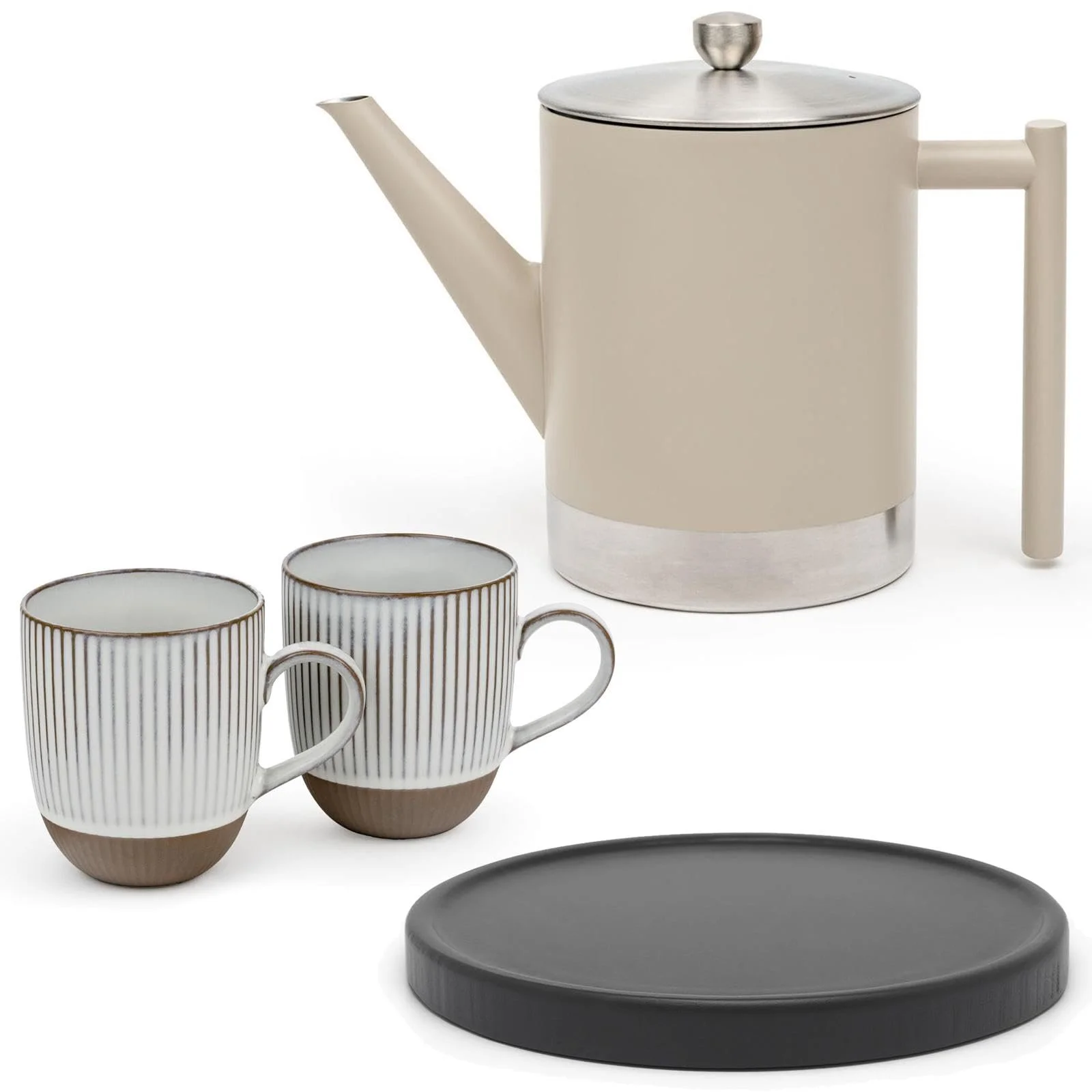 Чайник-заварник Bredemeijer Taupe 1,2 літра з подвійними стінками з нержавіючої сталі, з нержавіючої сталі з чорною дерев'яною підставкою та 2 чашками та чайним фільтром, фото №1