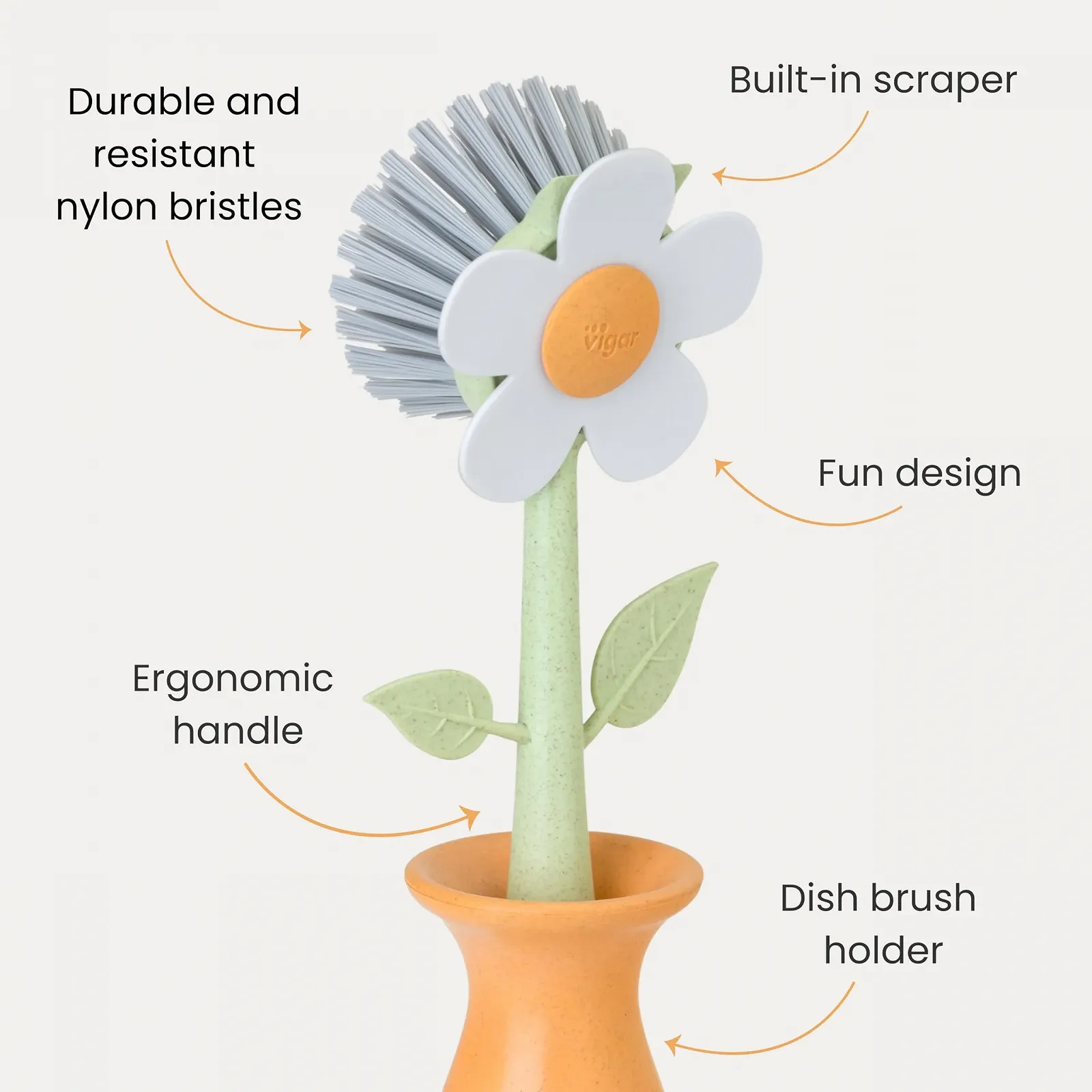 Щітка для миття посуду Vigar Florganic Orange Daisy з тримачем-вазою та ручкою, фото №3