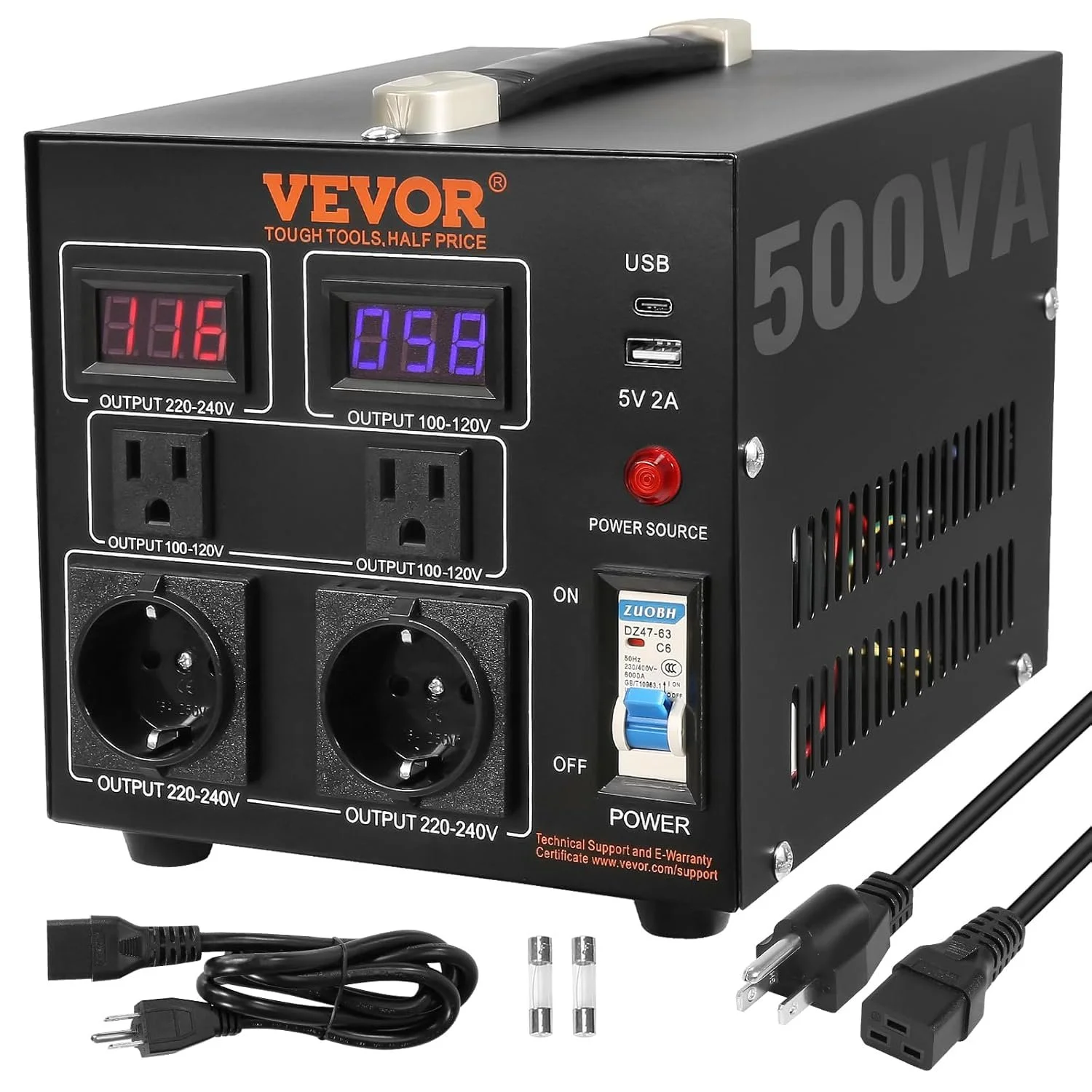 Трансформатор напряжения VEVOR SV-500VA / 500 Вт / 15 A / AC 110/220 В / 5 В USB / Черный, фото №1 Трансформатор напряжения VEVOR SV-500VA / 500 Вт / 15 A / AC 110/220 В / 5 В USB / Черный, фото №1