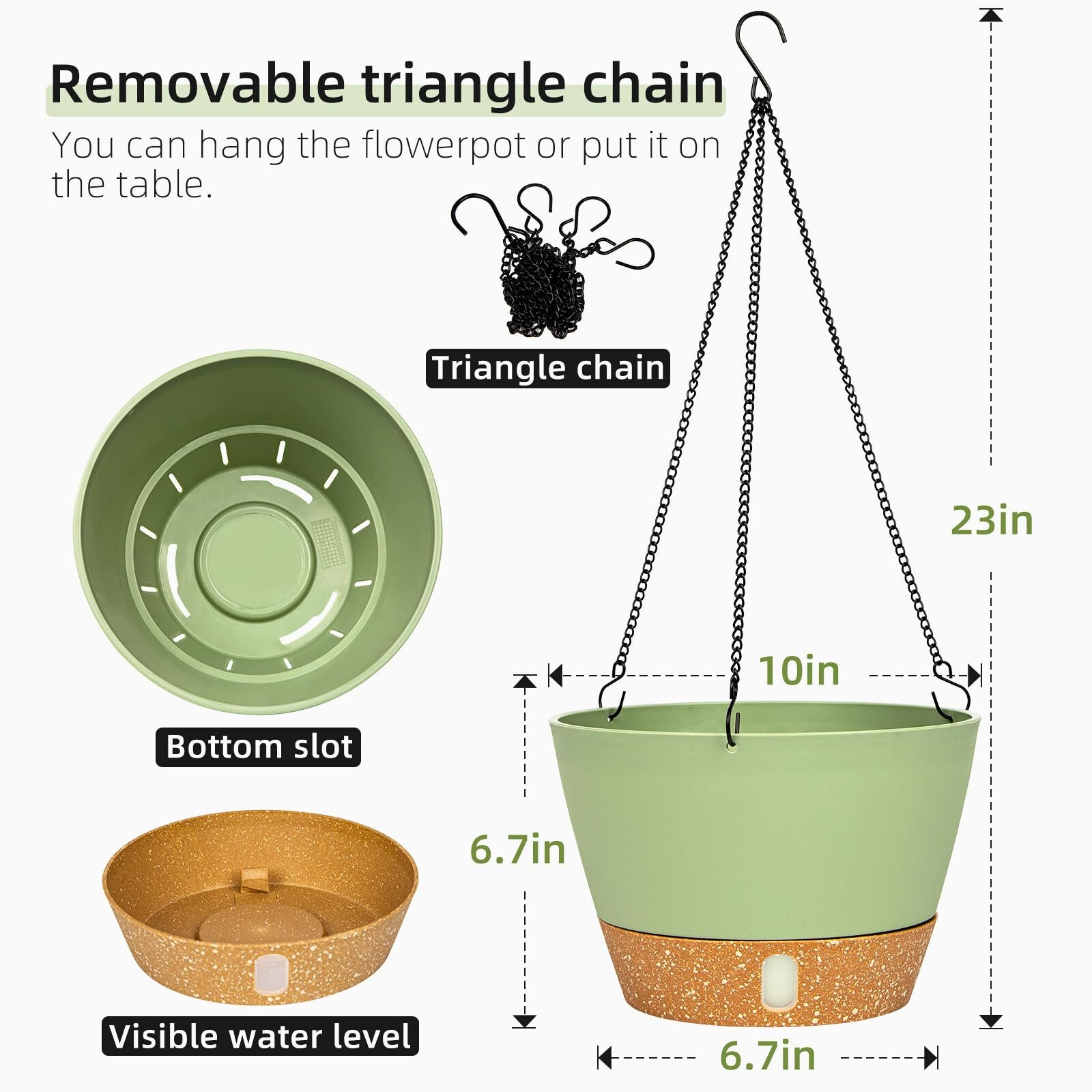 Підвісне кашпо QCQHDU Набір з 2 шт. 25,4 см З дренажним отвором та 3 гачками Зелений, фото №2