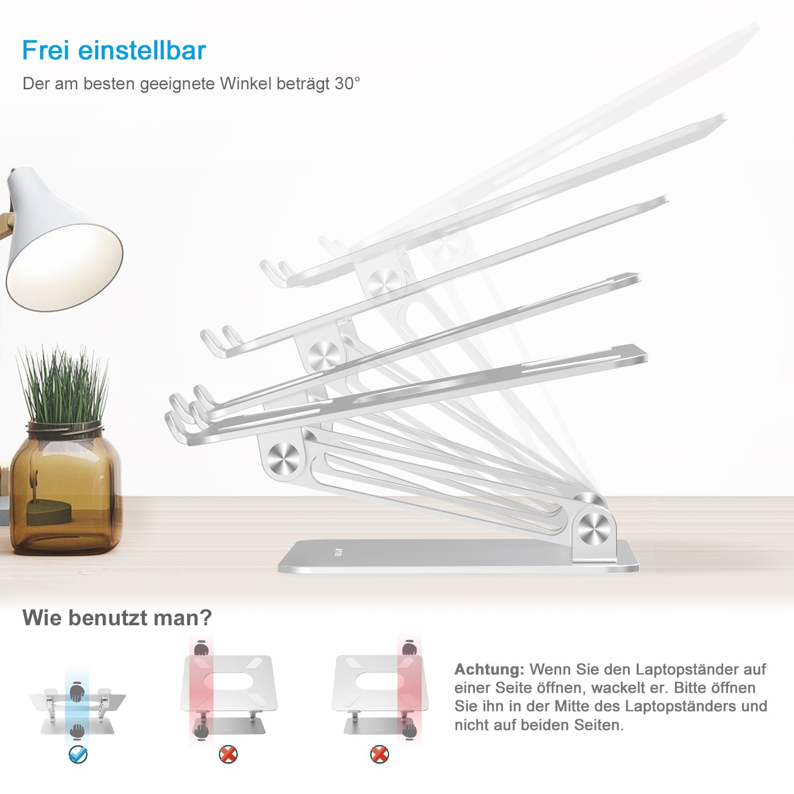 Підставка для ноутбука BoYata Multi Angle з вентиляційним отвором, алюміній, регульована підставка для ноутбука, сумісна з ноутбуками (10 - 17 дюймів), MacBook Pro/Air, Surface, Samsung, HP, срібляста, фото №3