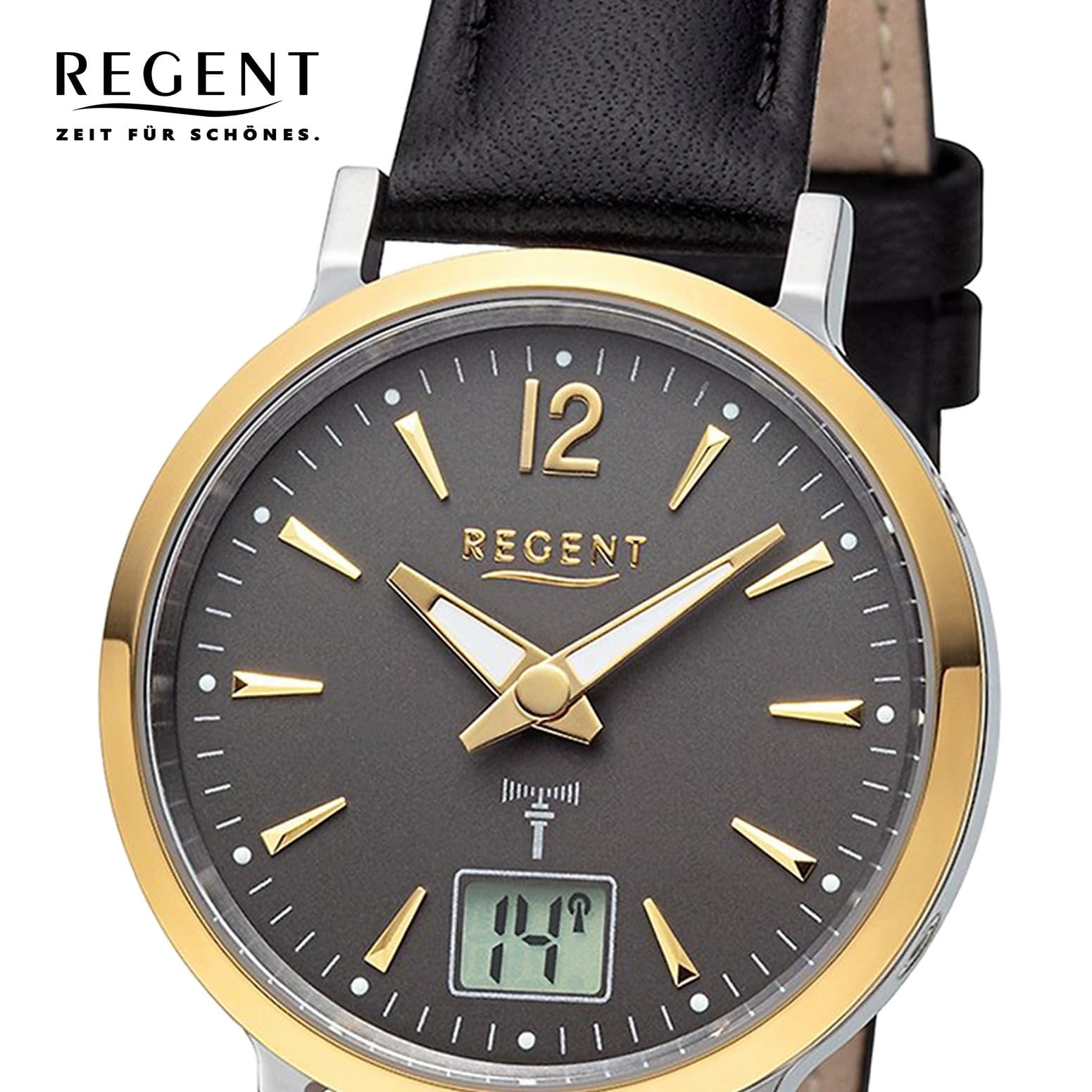 Женские аналого-цифровые часы REGENT URFR283, черный кожаный ремешок, серебристый, золото-серый ремешок., фото №2