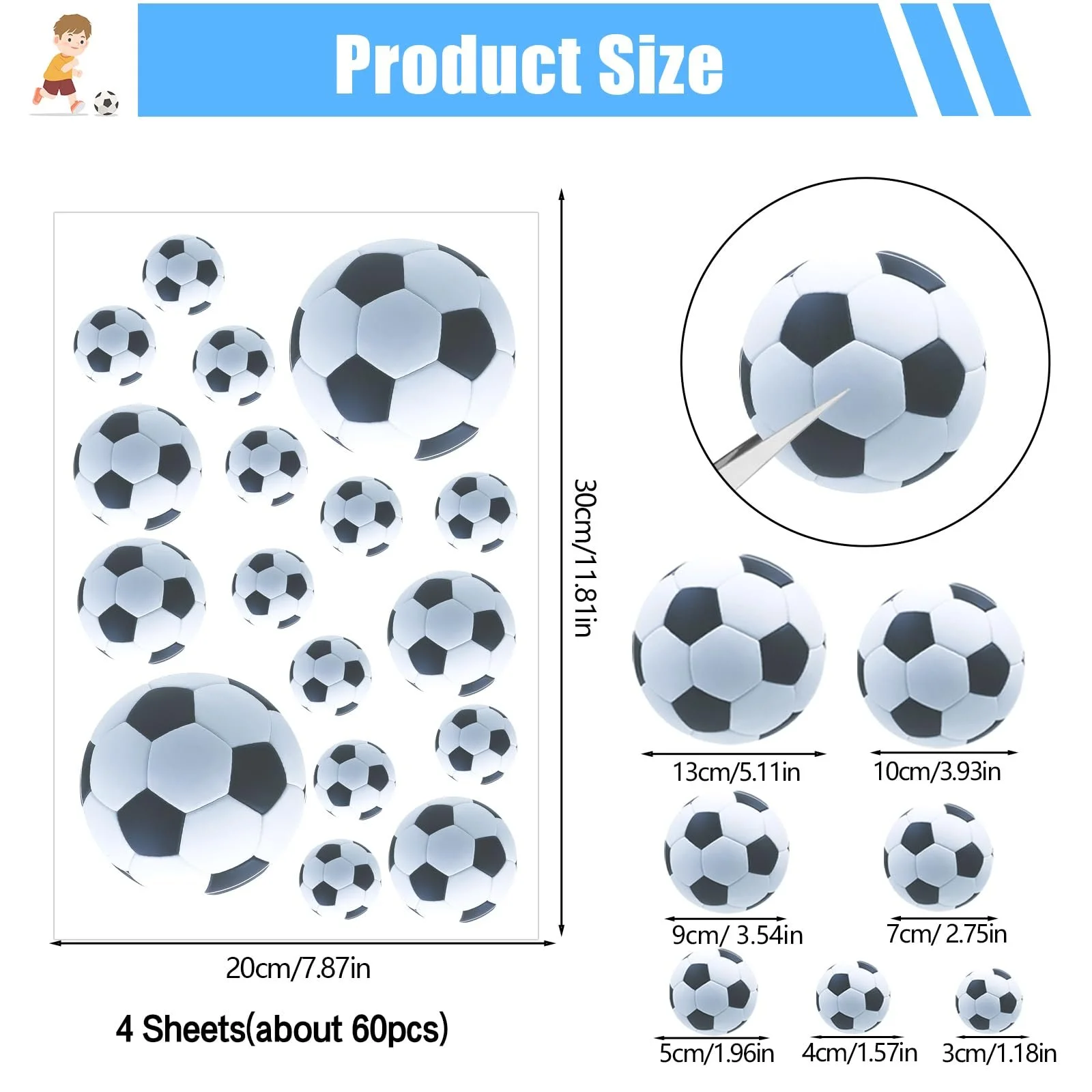 Наклейки на стену Футбольные мячи Набор 4 листа 20 x 30 см Самоклеящиеся Разные размеры, фото №2