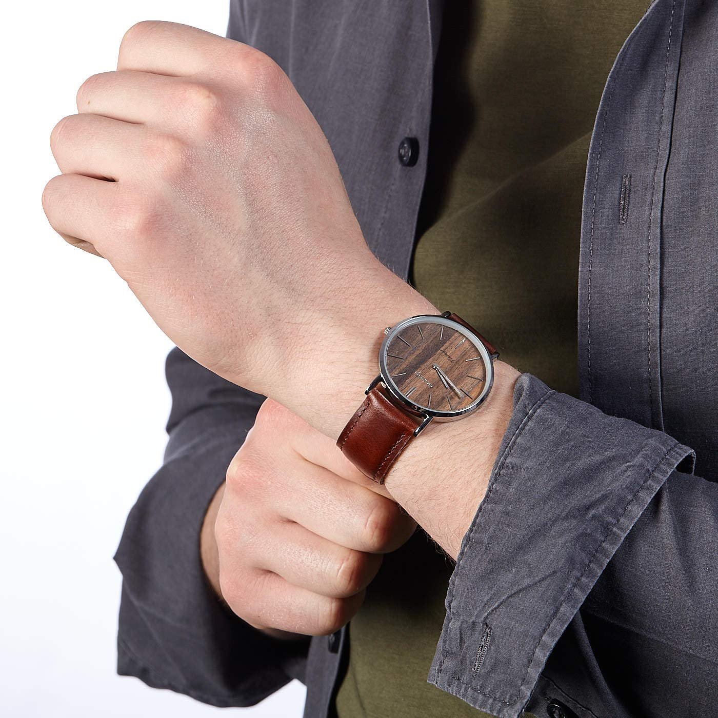 Годинник жіночий Oozoo Flat Vintage з дерев'яним циферблатом і шкіряним ремінцем 40 мм, фото №3