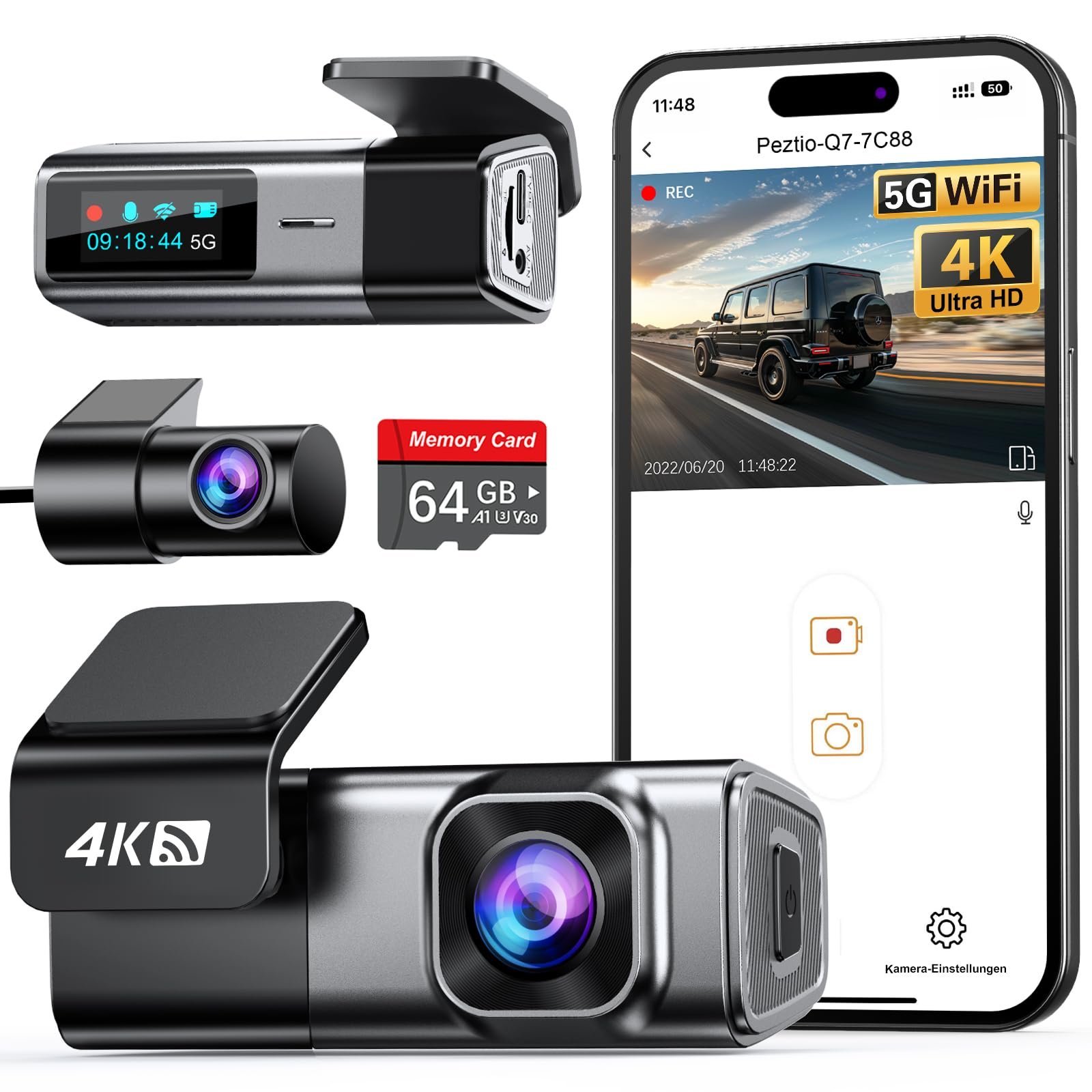 Відеореєстратор Navycrest Q7 4K + 1080P з двома камерами, картою SD 64 ГБ, WiFi 5GHz, нічним баченням, WDR, G-сенсором, цілодобовим моніторингом паркування, циклічним записом, керуванням через застосунок, чорний, фото №1