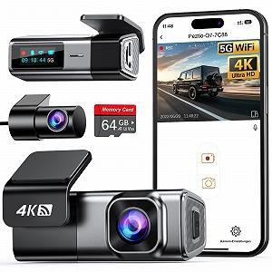 Відеореєстратор Navycrest Q7 4K + 1080P з двома камерами, картою SD 64 ГБ, WiFi 5GHz, нічним баченням, WDR, G-сенсором, цілодобовим моніторингом паркування, циклічним записом, керуванням через застосунок, чорний - Фото 1