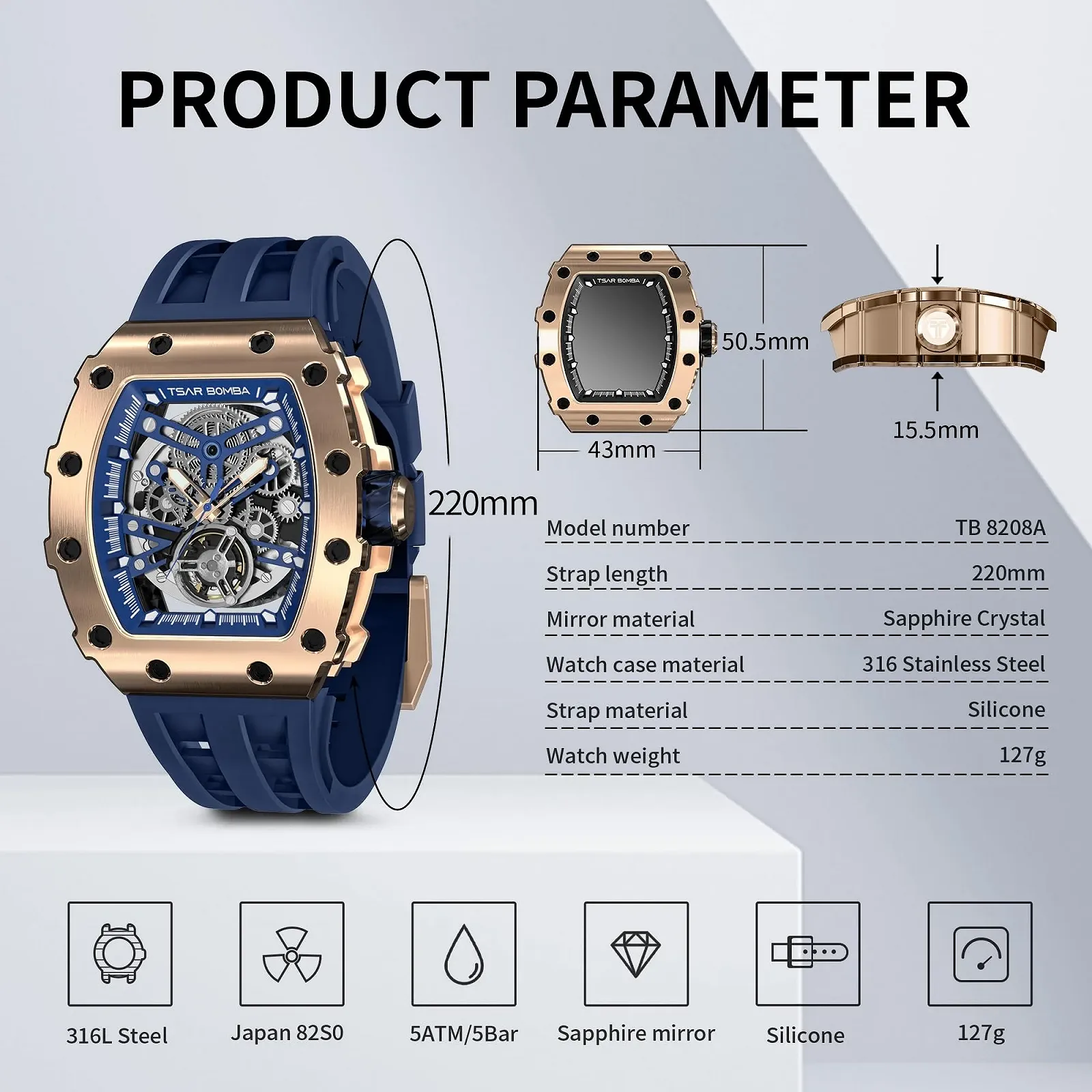 Мужские Автоматические Часы Tonneau Skeleton TSAR BOMBA Водонепроницаемые до 50 м Аналоговые Механические Дайвинг Квадратные Hollow Японский Механизм Сапфировое Зеркало Силиконовый Ремешок, фото №6 Мужские Автоматические Часы Tonneau Skeleton TSAR BOMBA Водонепроницаемые до 50 м Аналоговые Механические Дайвинг Квадратные Hollow Японский Механизм Сапфировое Зеркало Силиконовый Ремешок, фото №6