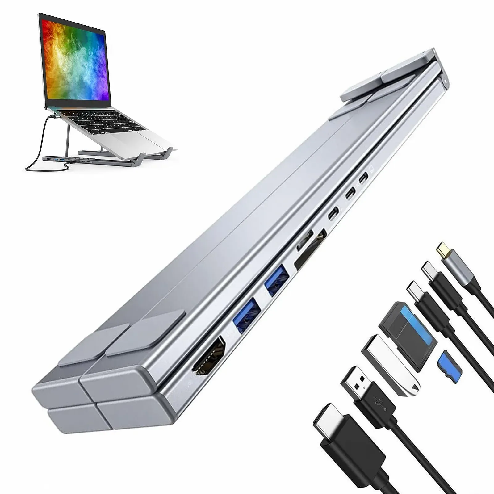 Подставка для ноутбука с USB-портами Регулируемая по высоте охлаждающая подставка для компьютера Эргономичная охлаждающая подставка с многопортовым адаптером для дома и работы, фото №1