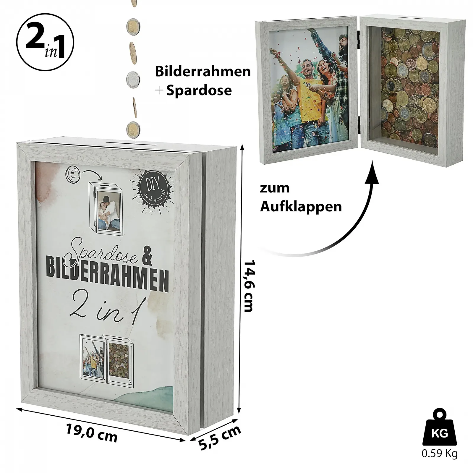 Копилка-рамка для фото 2 в 1 White MDF 19 x 14.5 x 5.5 см, фото №2 Копилка-рамка для фото 2 в 1 White MDF 19 x 14.5 x 5.5 см, фото №2