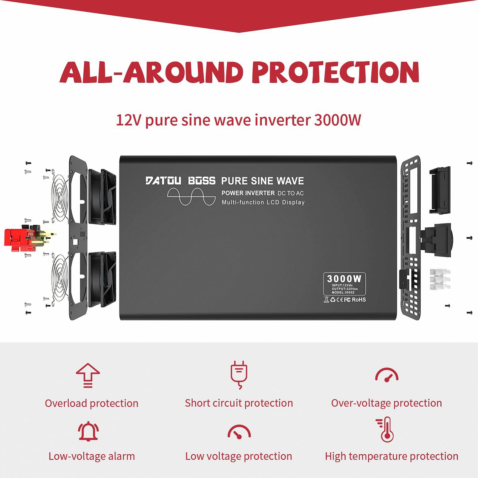 Інвертор DATOUBOSS 12 В до 230 В 3000 Вт / 6000 Вт чиста синусоїда з LCD дисплеєм EU, фото №3