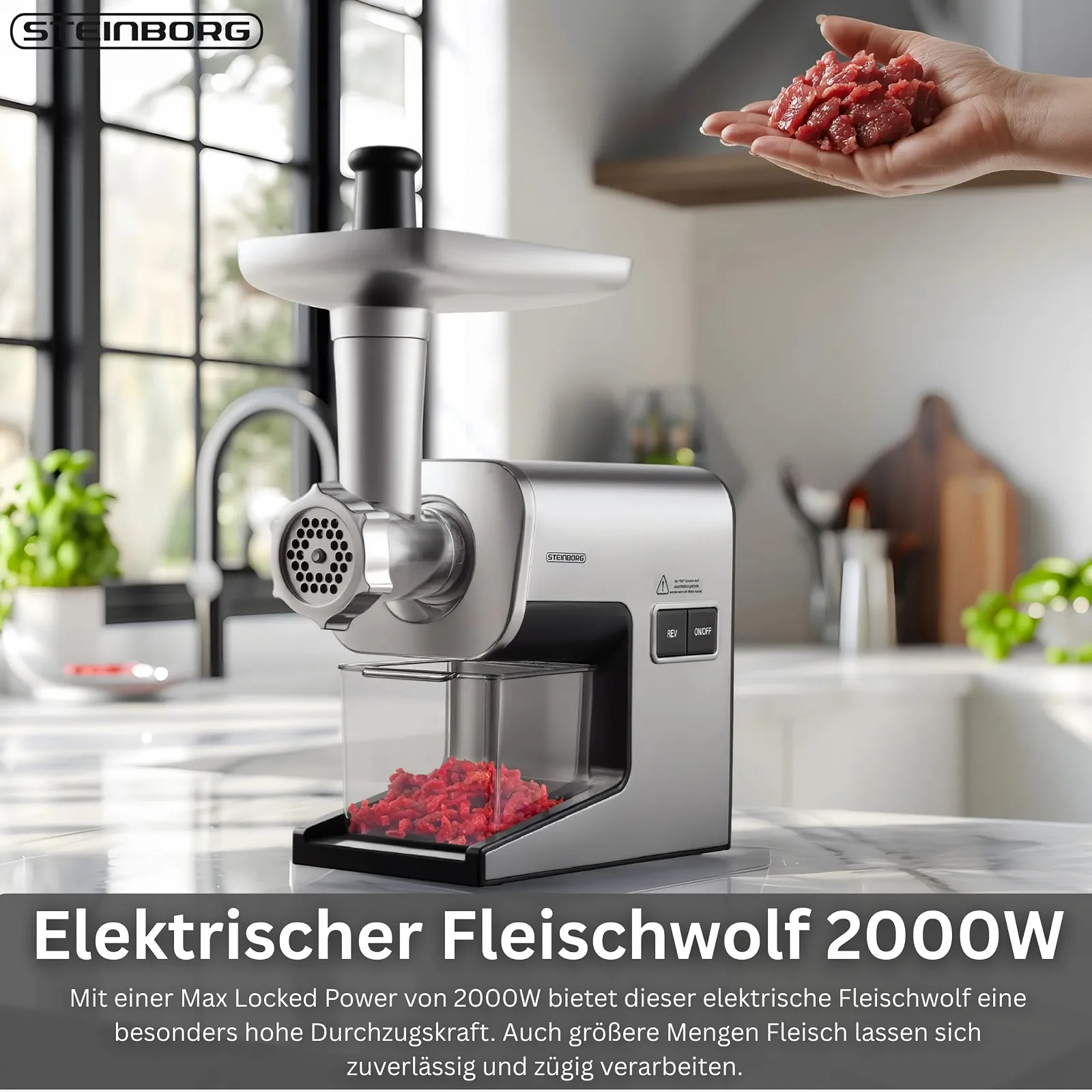 Мясорубка электрическая Steinborg 2000 Вт AC мотор реверс 2 скорости нержавеющая сталь, фото №2 Мясорубка электрическая Steinborg 2000 Вт AC мотор реверс 2 скорости нержавеющая сталь, фото №2