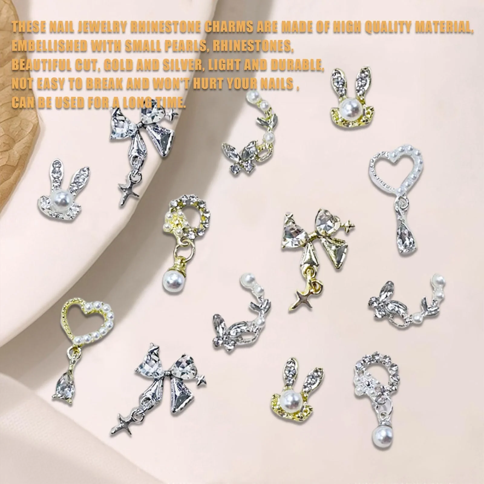 3D Шармы для ногтей Золото Серебро, 20 шт, разные стили, кролик, бант, сердце, металлические жемчужины, кристаллы для ногтей, украшения для ногтей для девушек, женщин, мужчин, маникюр, дизайн, аксессуары для ногтей, фото №4