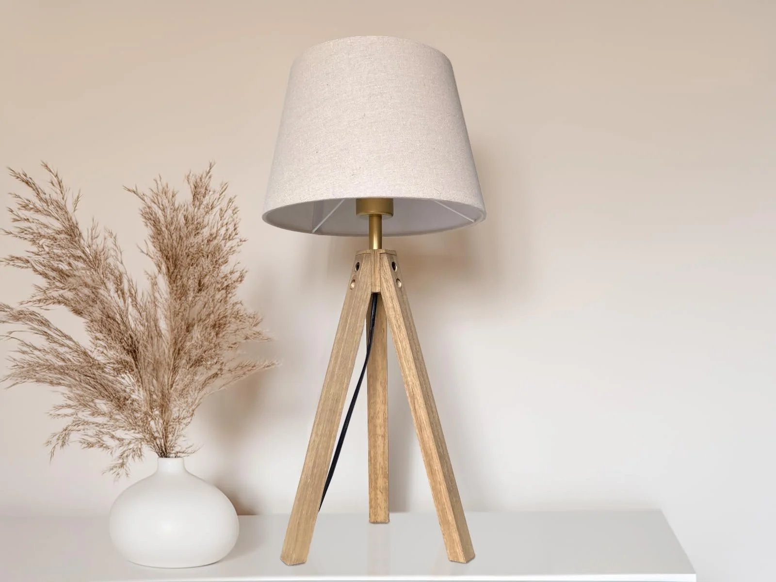 Настільна лампа meineWunschleuchte Tripod Дерев'яна Тканинний абажур Кремово-біла 55 см, фото №4