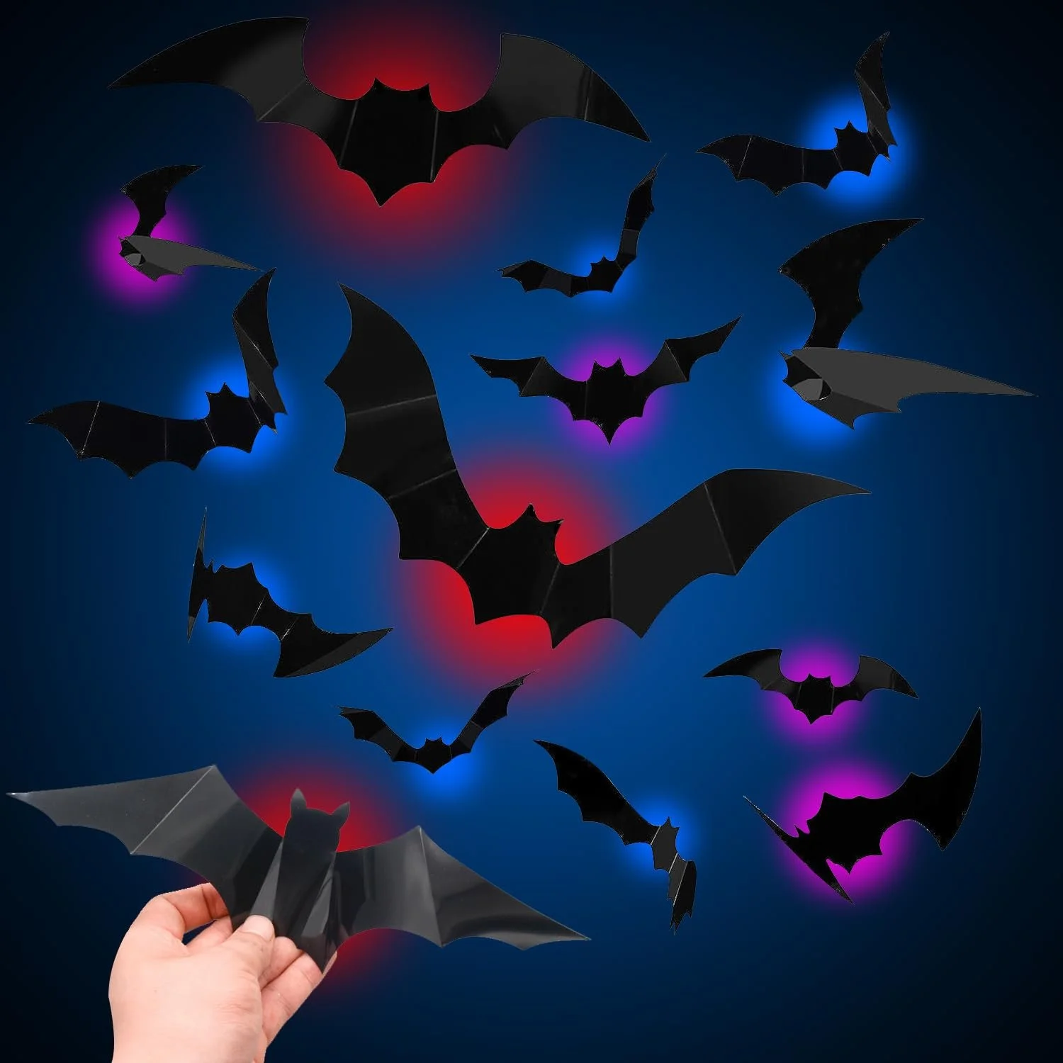 Настінні наклейки Хелловін 3D світлодіодні кажани 24 штуки Чорний, фото №8