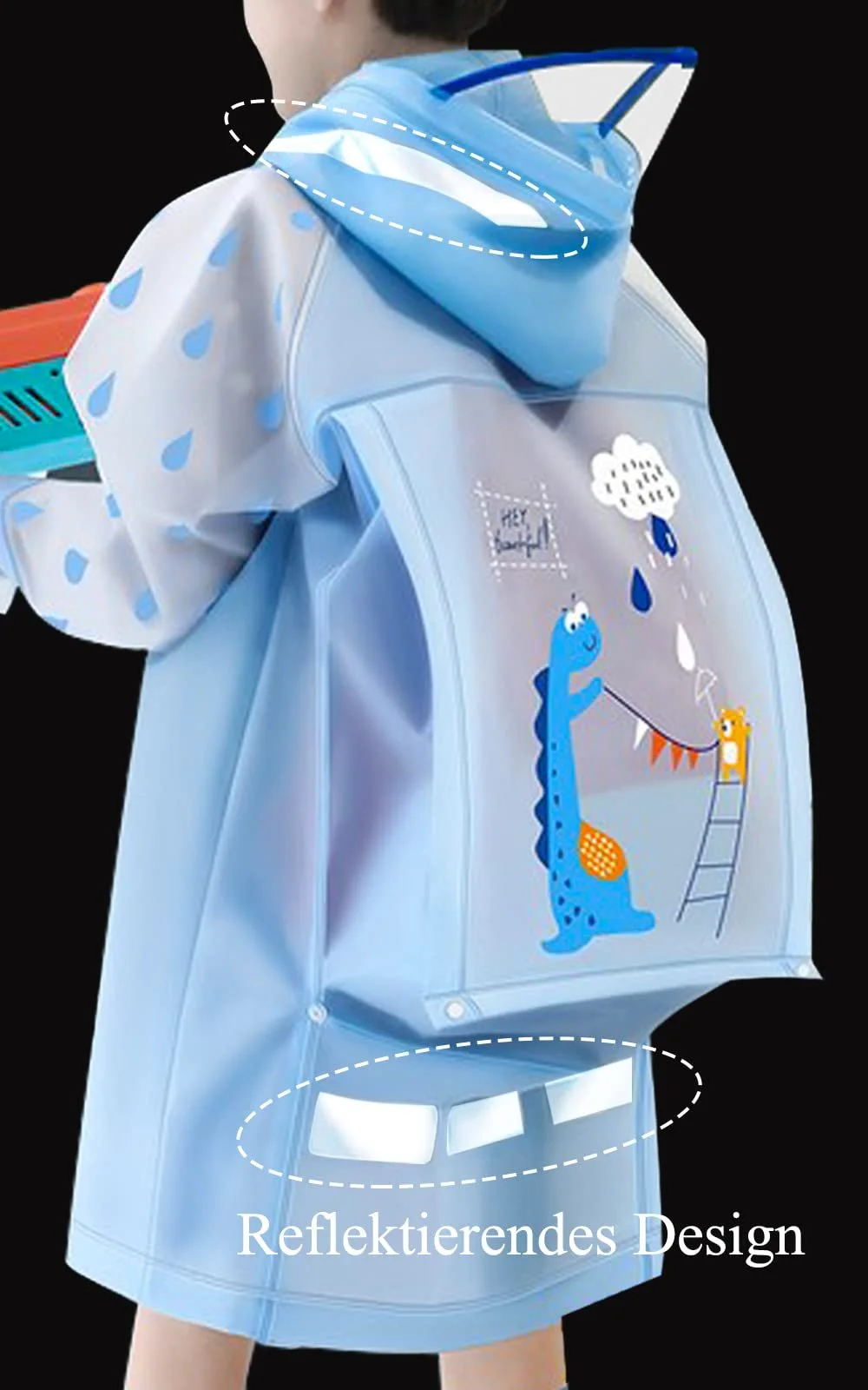 Детский дождевой плащ-пончо для мальчиков с рукавами со светоотражателями, фото №6
