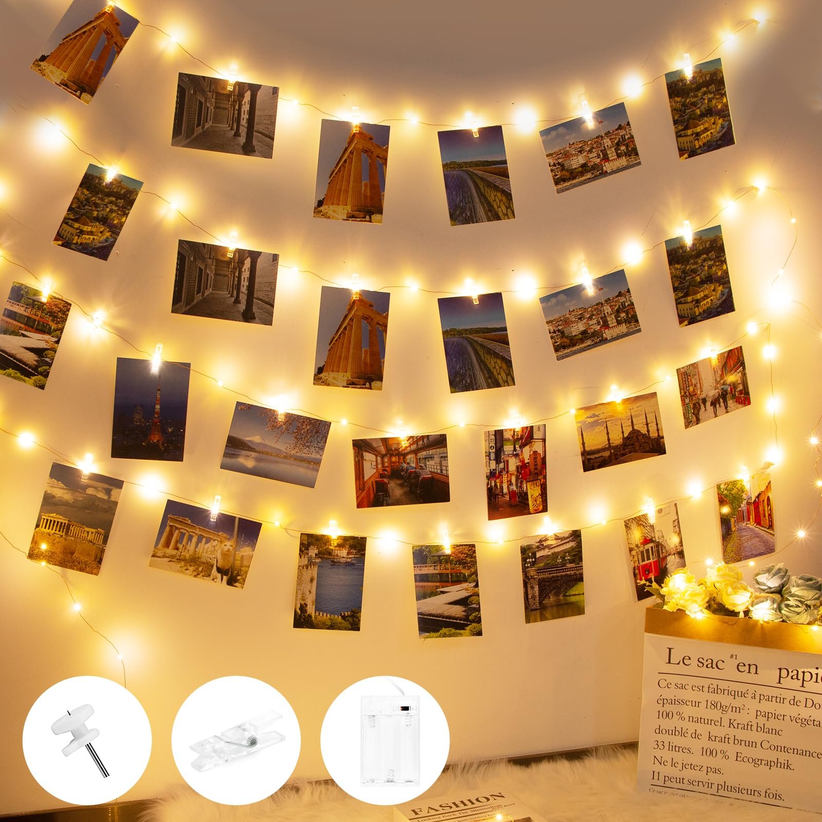 Гірлянда 10 м 100 LED для фото з таймером та кліпсами, 60 прозорих кліпс, 20 цвяхів, фото №1