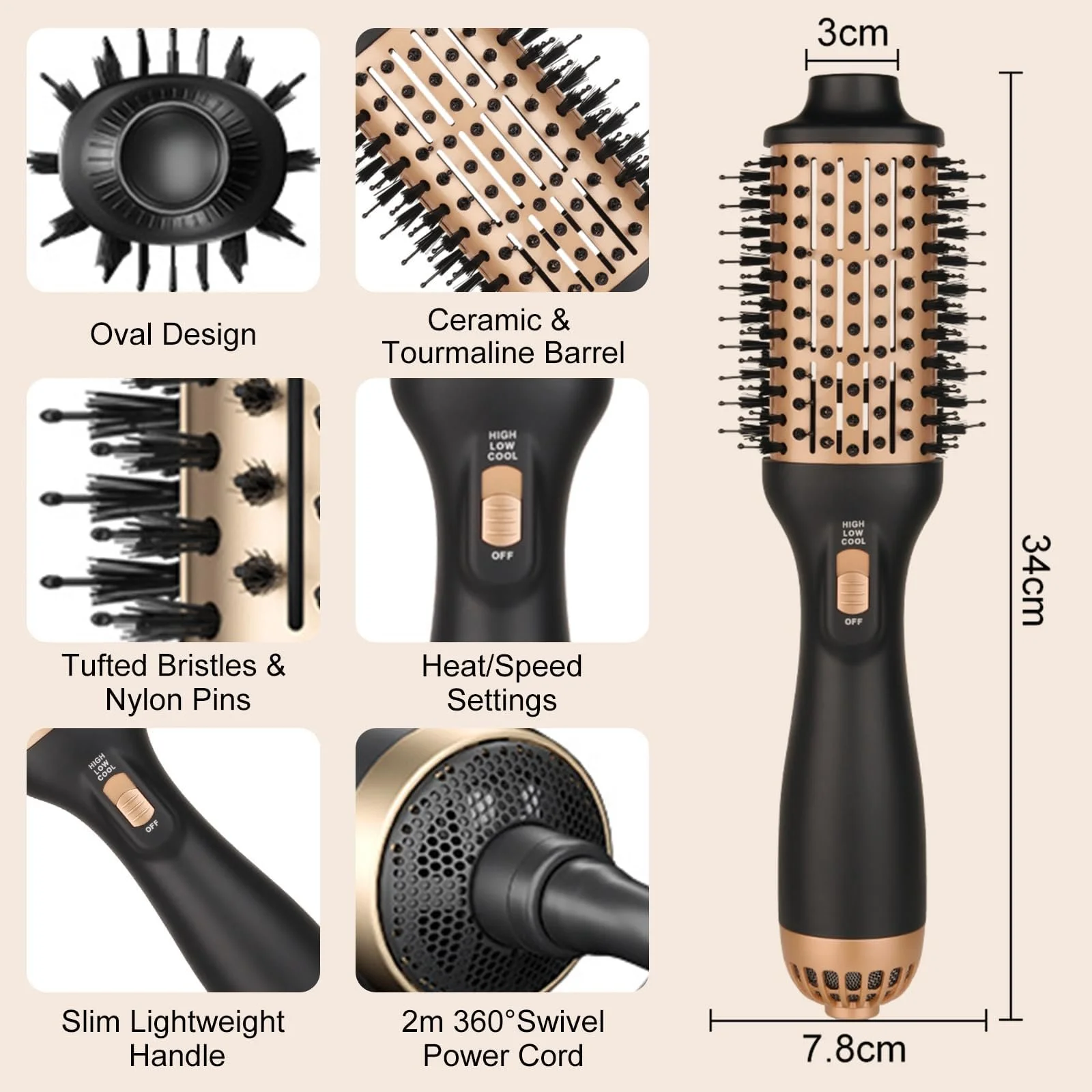 Фен-щітка One-Step Professional 1000 Вт Black Gold, фото №5 Фен-щітка One-Step Professional 1000 Вт Black Gold, фото №5